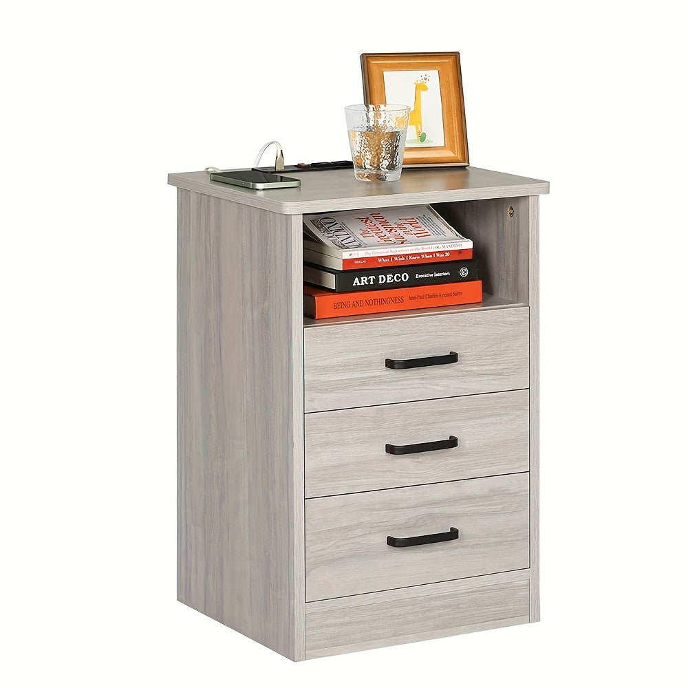 Nightstand with 3 Drawers and USB Port Charging Station, Bedroom End Table Side Table with Open Storage, Grey/White/ Black