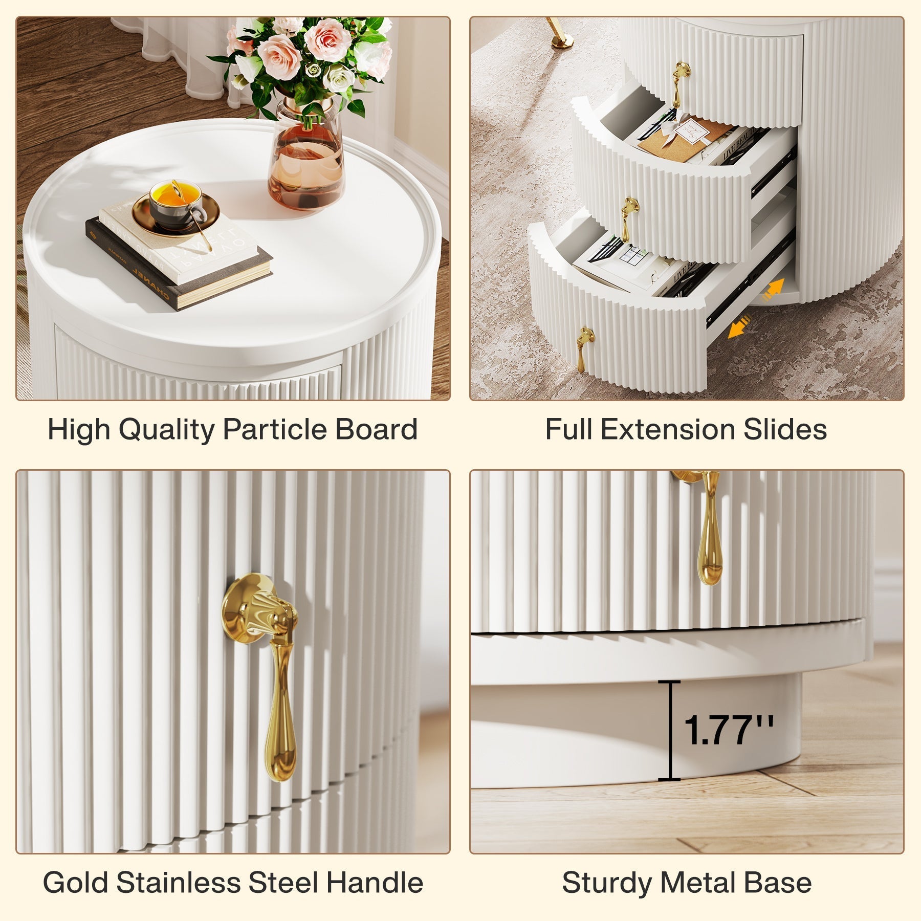 3-Drawer Nightstand, Modern Round Side End Table with Storage (cm)
