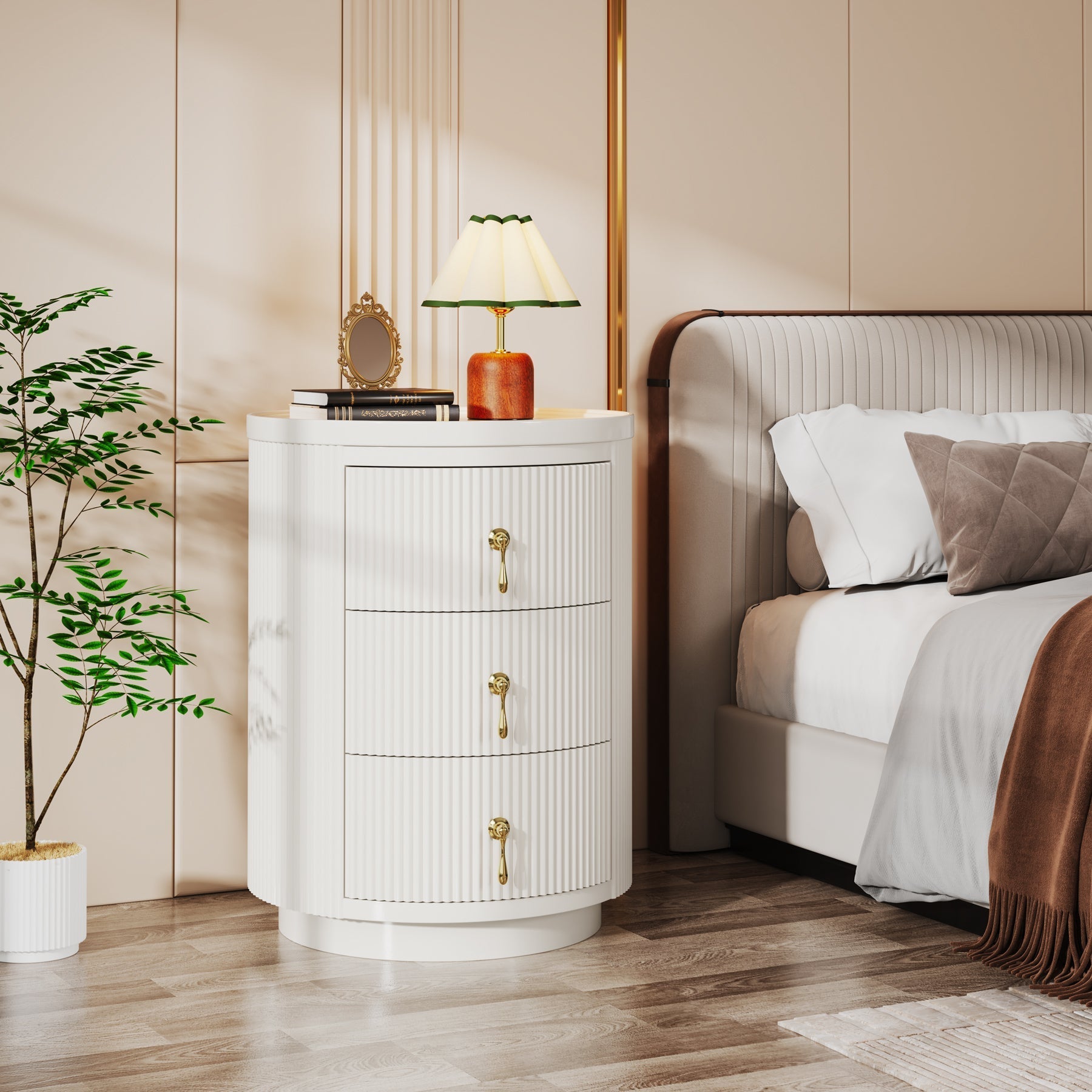 3-Drawer Nightstand, Modern Round Side End Table with Storage (cm)