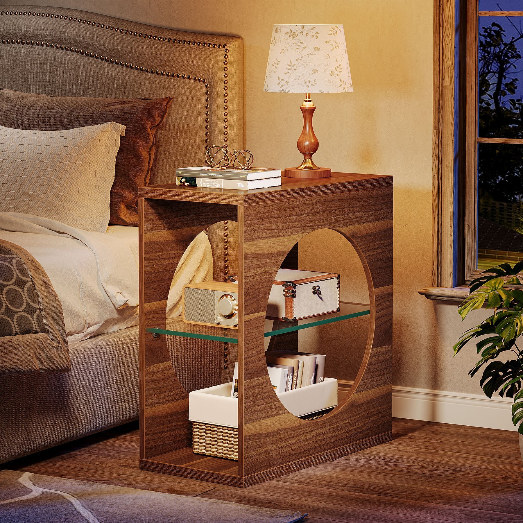 3-Tier End Table, Modern Side Table with Adjustable Glass Storage Shelf