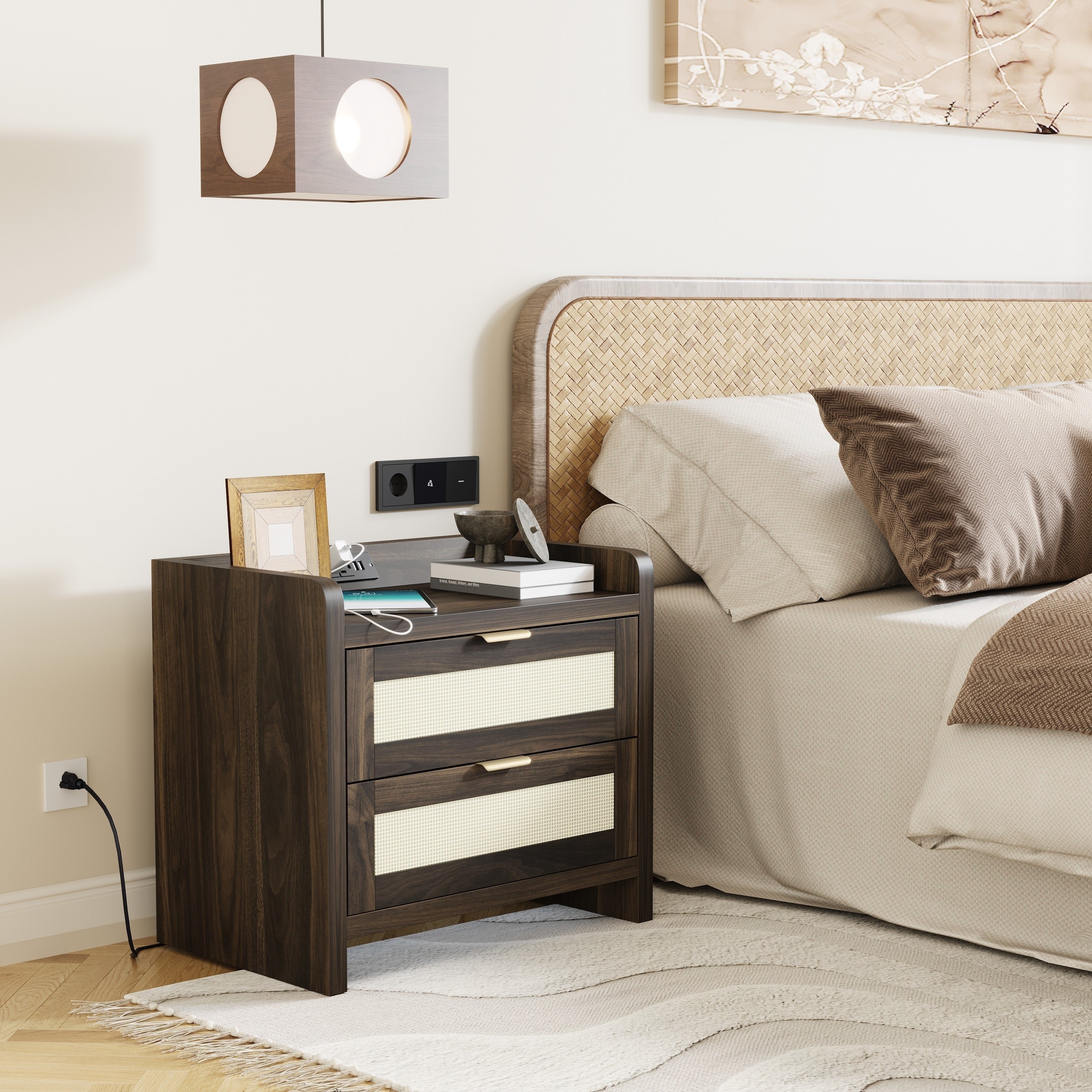 Bohemian Rattan Edge Wooden Nightstand Set Of 2 With 2 Woven Upholstery Drawers And Open Storage Space, Bucket Locker Bedroom Locker Locker, Sofa Side Table, Living Room, Bedroom Headboard (brown/wood)