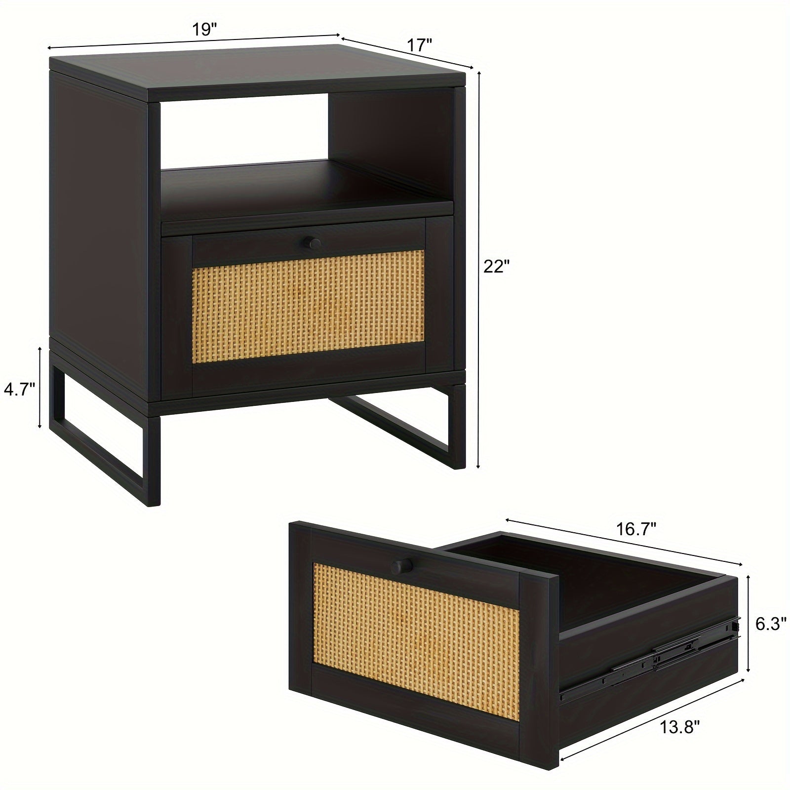 Rattan Nightstand, Metal Leg - Boho Bedside Table With Open Storage And 1 Drawer, Ideal Night Stands Side Tables Accent Table For Bedroom, 22 Inch Tall Black