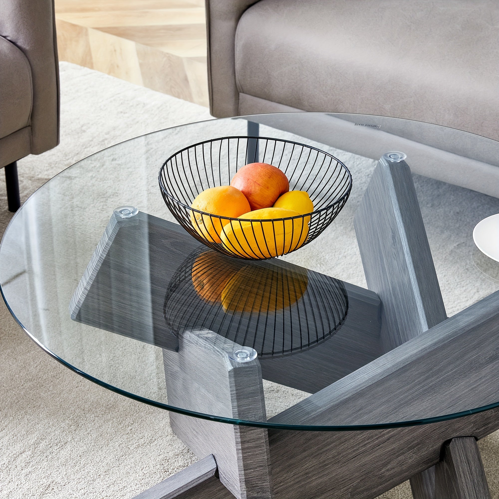 Round Glass Top Coffee Tables For Living Room, 33.4 Inch Rustic Farmhouse Center Table, Mid Century Circle Cocktail Table With Gray Wood Crossed Legs, Characteristic Furniture