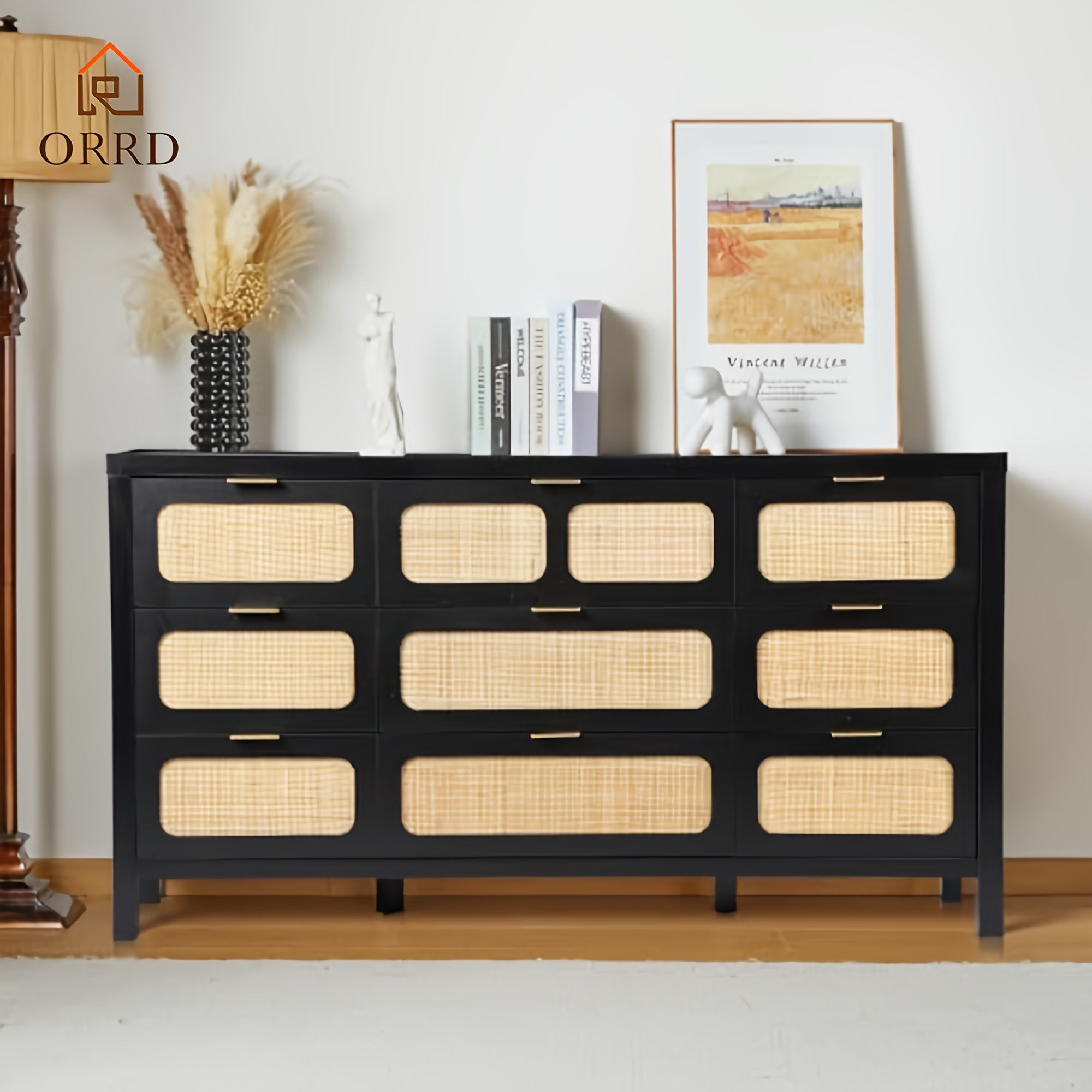 9 Drawer Dresser, Modern Rattan Dresser Chest With Large Storage And Metal Handles, Rustic Wood Storage Chest Of Drawers For Bedroom, Living Room, Entryway