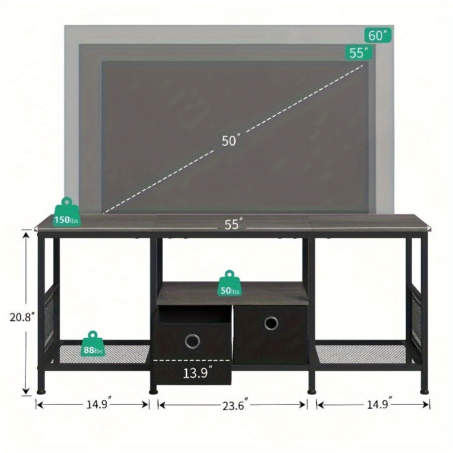 140cm Grey TV Stand with Fabric Drawers - Metal Entertainment Center for Living Room, Bedroom | Includes Media Console & Soundbar Shelf