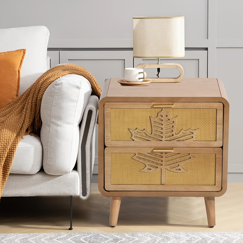 Mid-Century Modern Nightstand] Mid-Century Modern Nightstand with Rattan Accents and Maple Leaf Carving, Solid Wood and Fiberboard Construction, High-Density Storage, Pine Tabletop, with Engineered Wood Base, for Stylish
