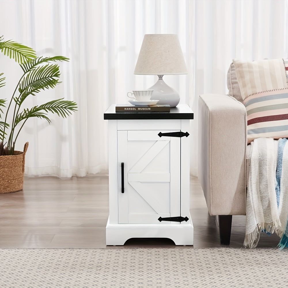 Farmhouse End Table Nightstand, Multifunctional Pedestal Base Sofa Side Table, Rustic Wooden Farmhouse Style, with Barn Door and Adjustable Shelf, for Living Room, Bedroom - No Electricity Required