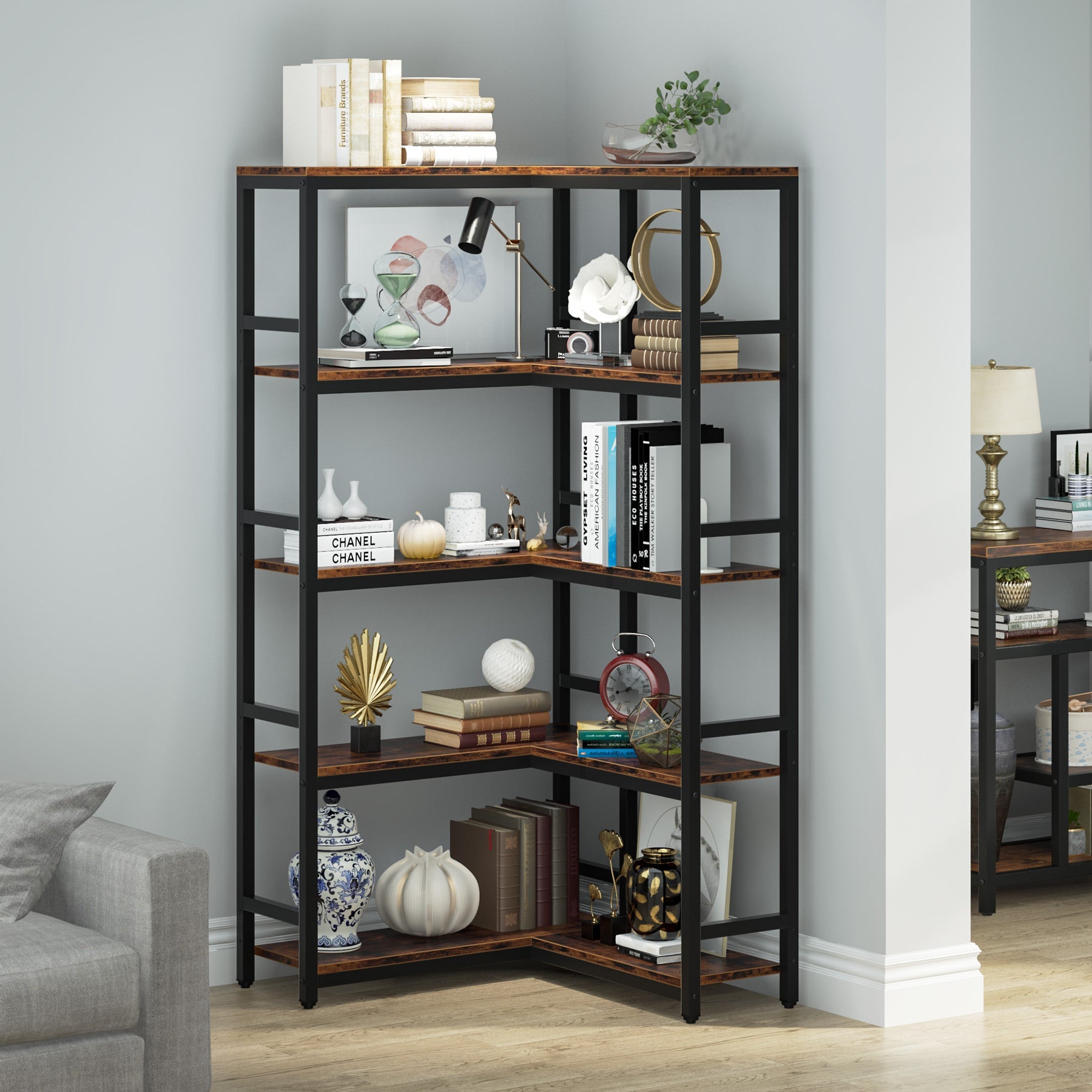 Industrial Corner Bookshelf, 5-Tier/7-Tier Bookcase Etagere Display Rack (in cm)