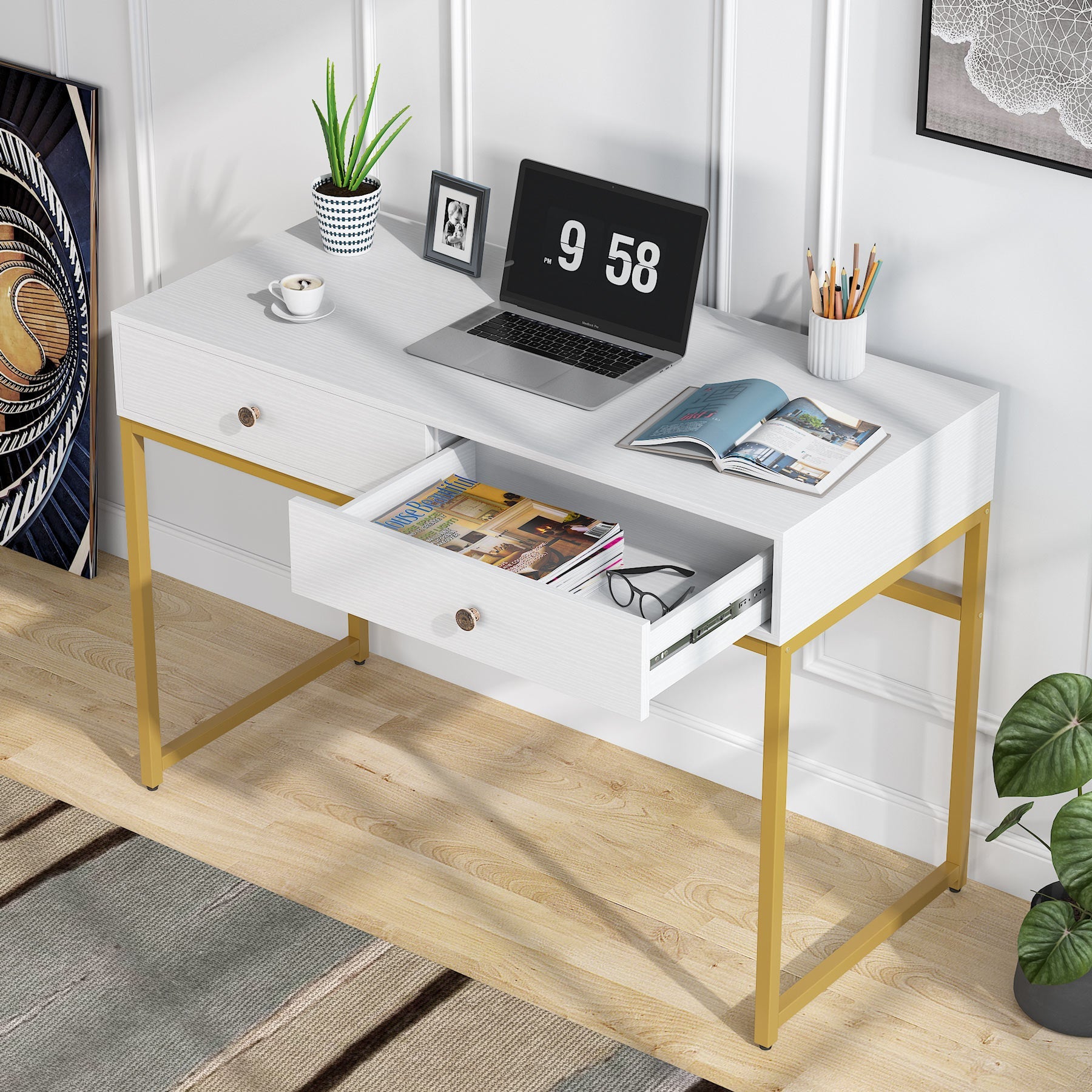 Modern Computer Desk with 2 Drawers, 120 cm Simple Study Writing Desk
