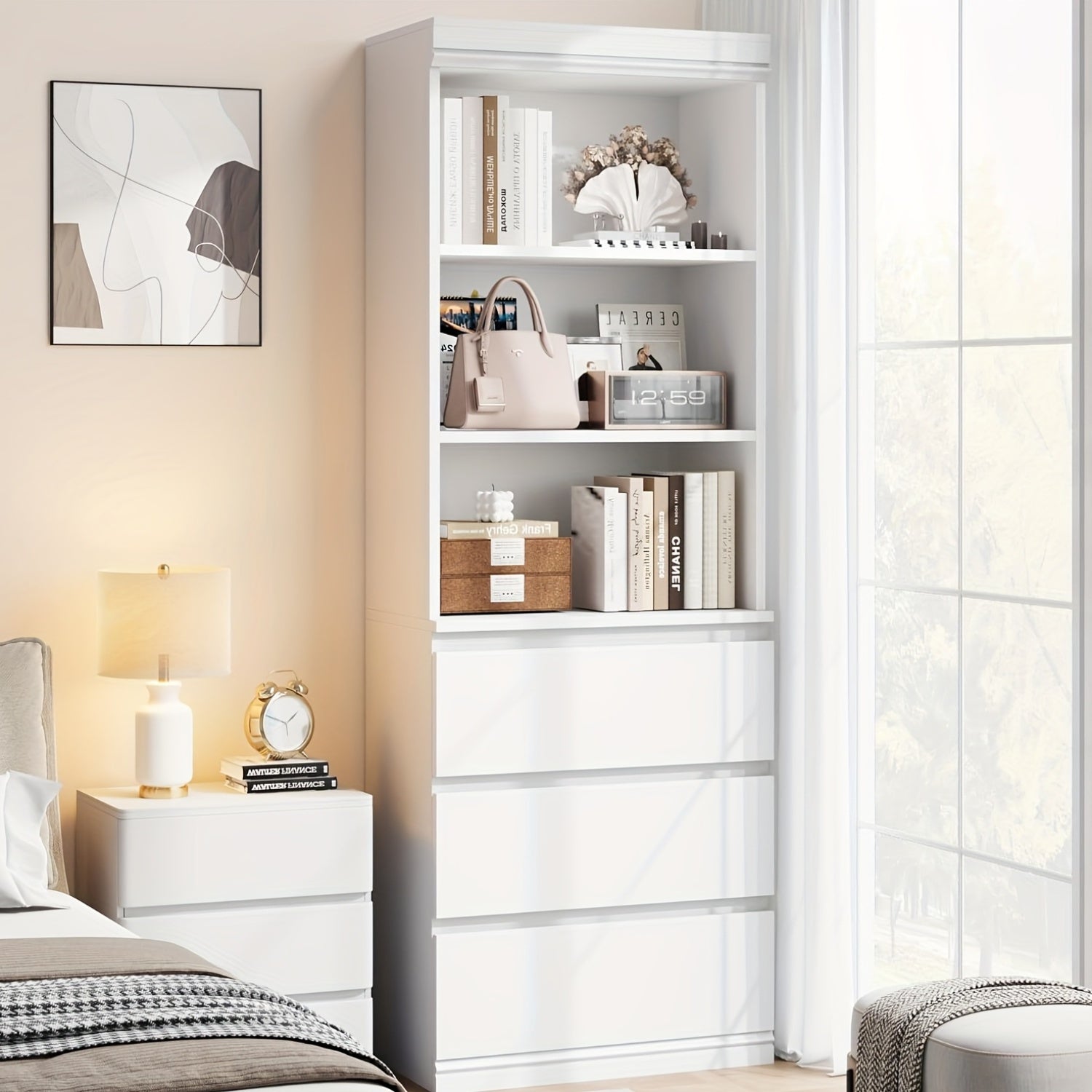 5-Tier Bookshelf With Drawers - Tall Vintage Bookcase With Metal Frame, Farmhouse Corner Shelf And Storage For Home Office, Living Room, Bedroom, Or Bathroom