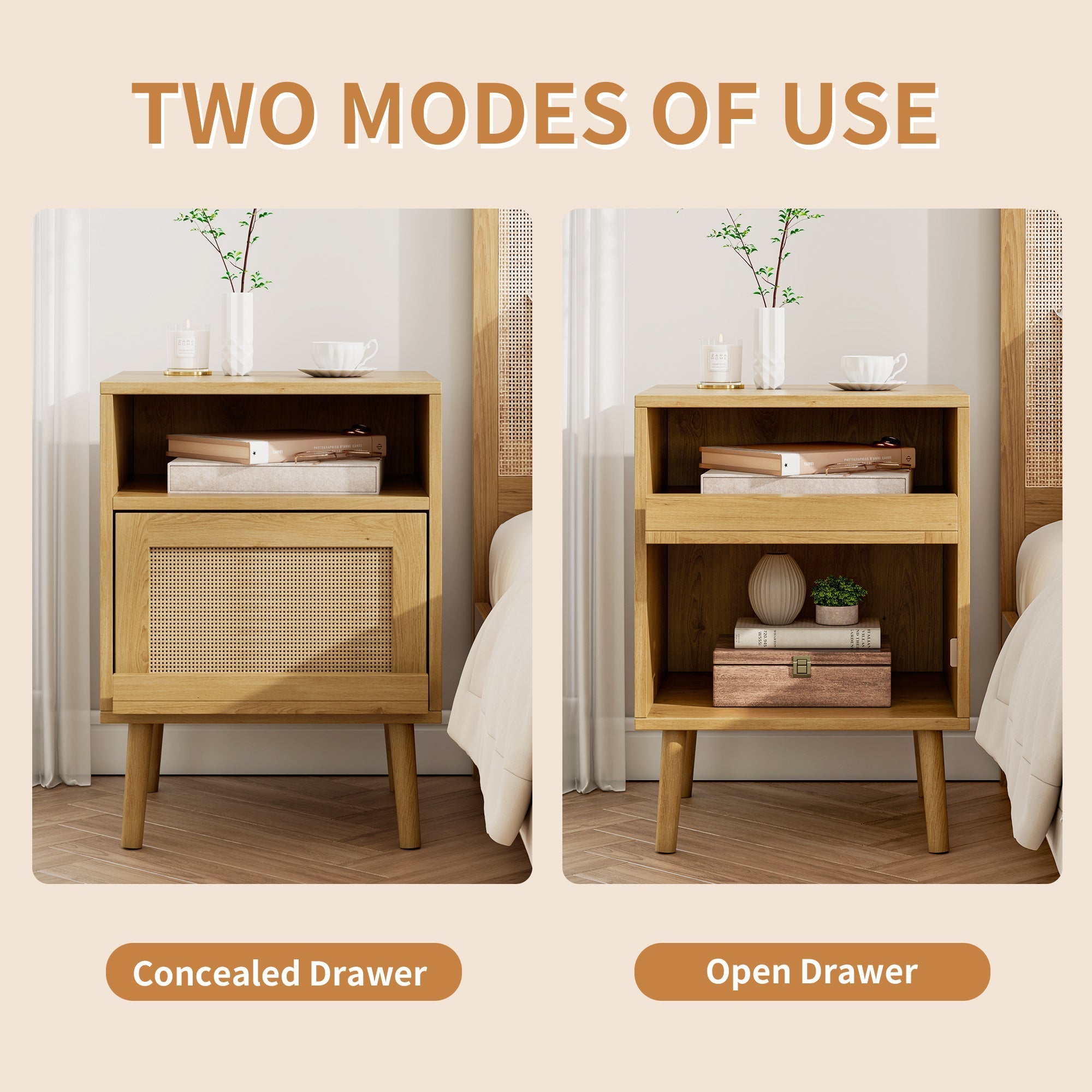 56cm H Natural Wood Rattan Nightstand with Single Drawer & Open Shelf - Mid-Century Modern Design, Sturdy Hardwood Construction, Ideal for Bedroom Storage and Display, Wood Home Decor