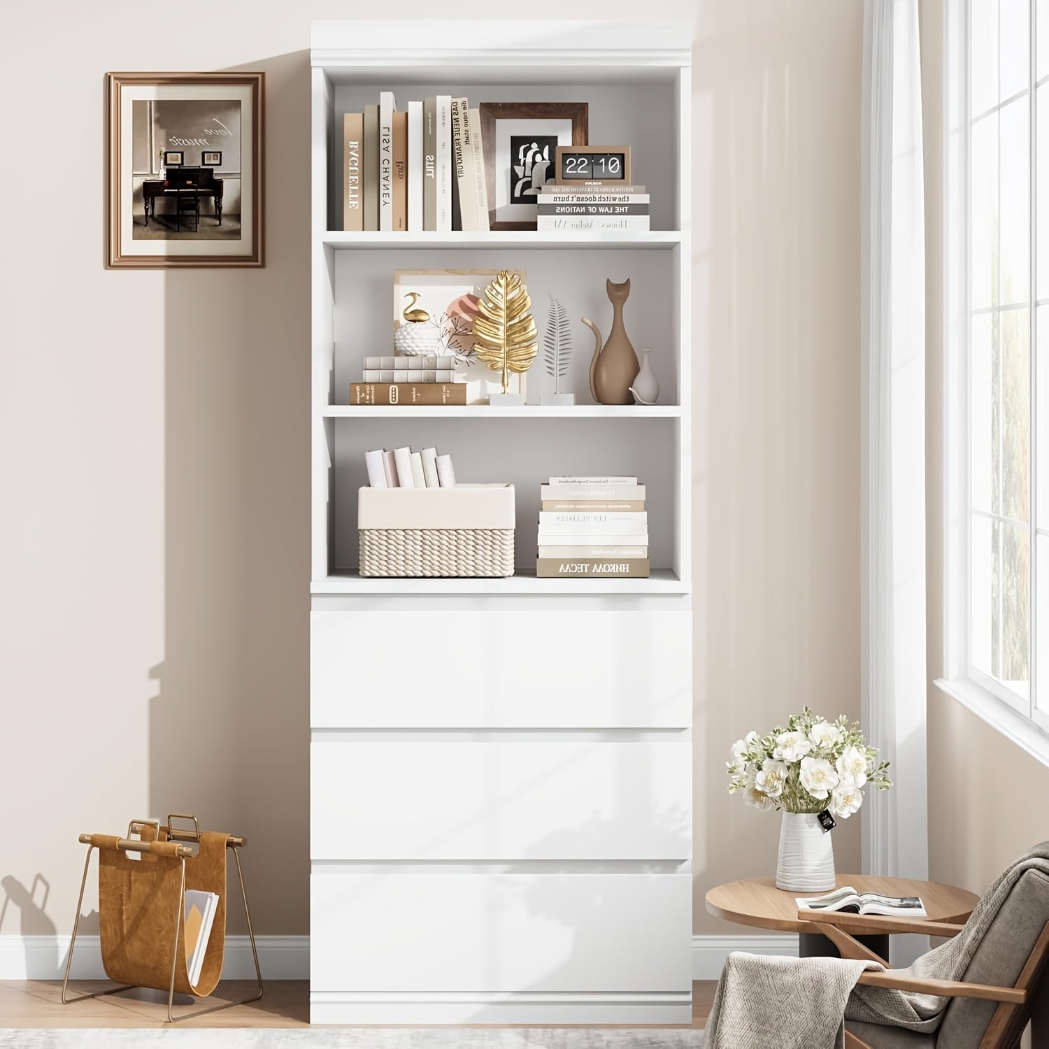 5-Tier Bookshelf With Drawers - Tall Vintage Bookcase With Metal Frame, Farmhouse Corner Shelf And Storage For Home Office, Living Room, Bedroom, Or Bathroom
