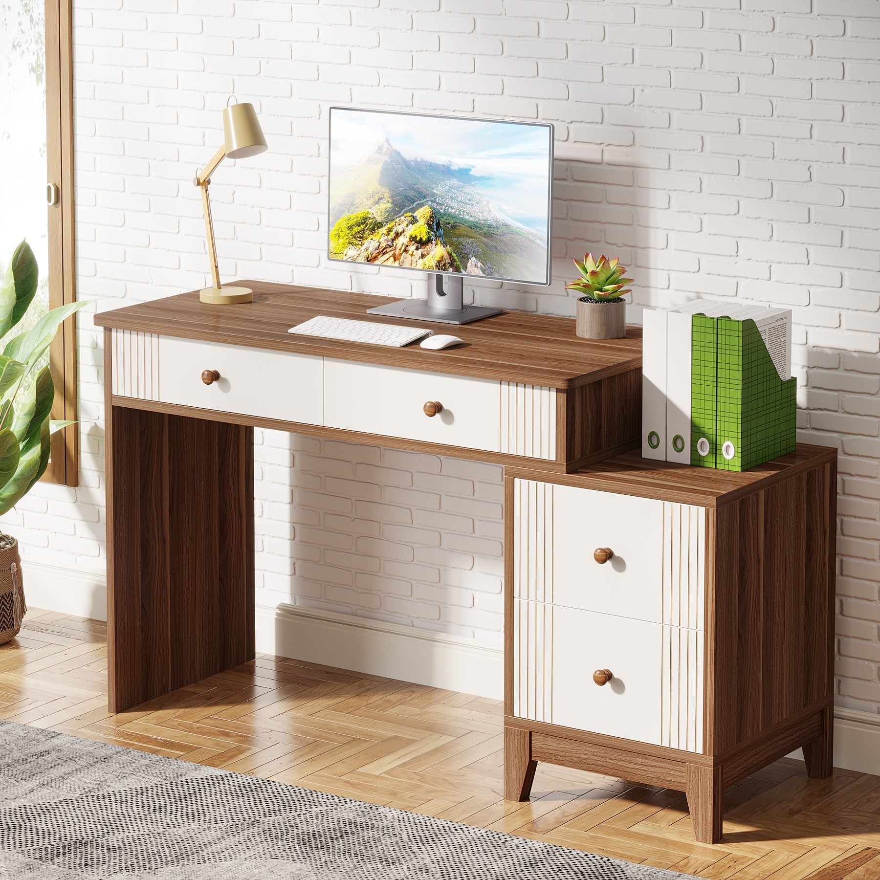 4-Drawer Computer Desk, Wooden Study Writing Table with Storage (in cm)