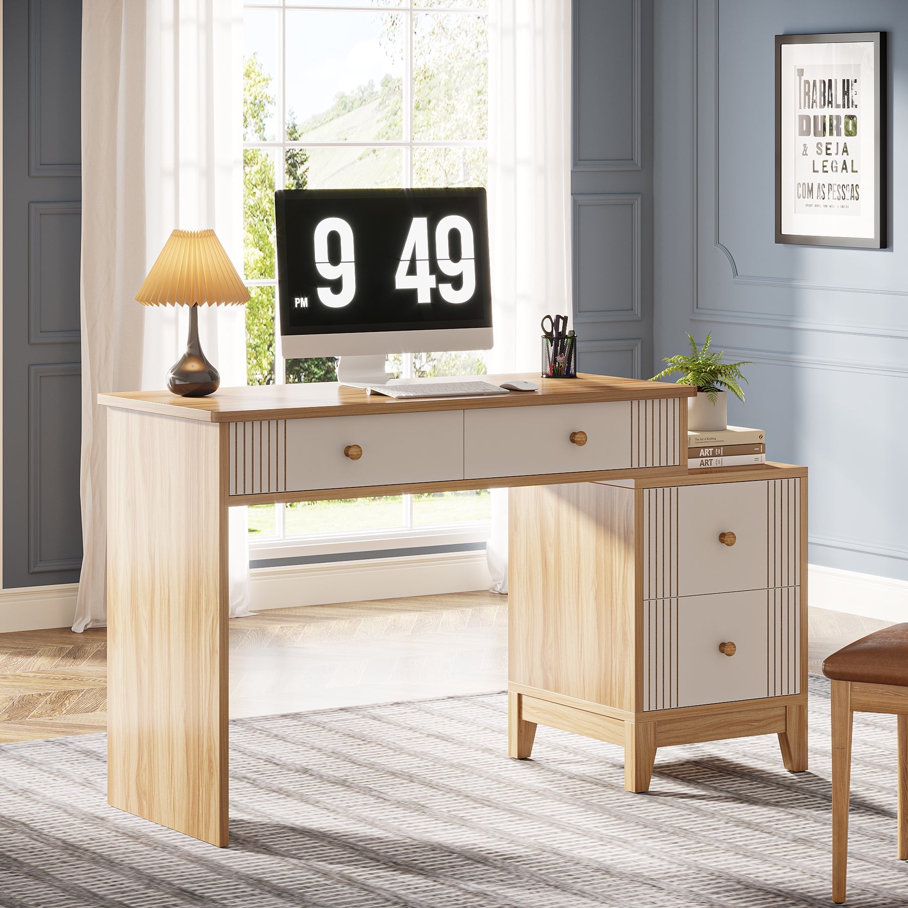 4-Drawer Computer Desk, Wooden Study Writing Table with Storage (in cm)
