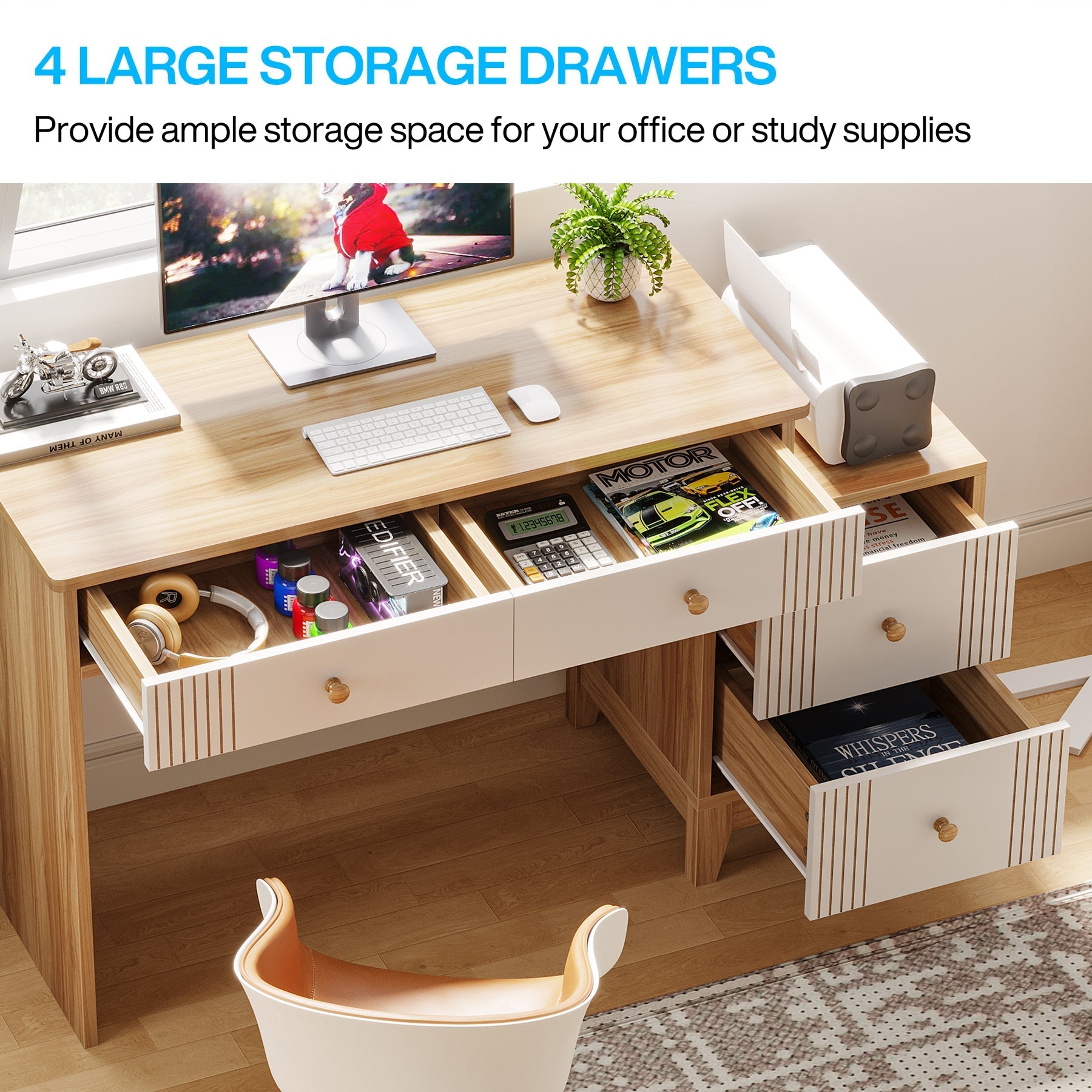 4-Drawer Computer Desk, Wooden Study Writing Table with Storage (in cm)