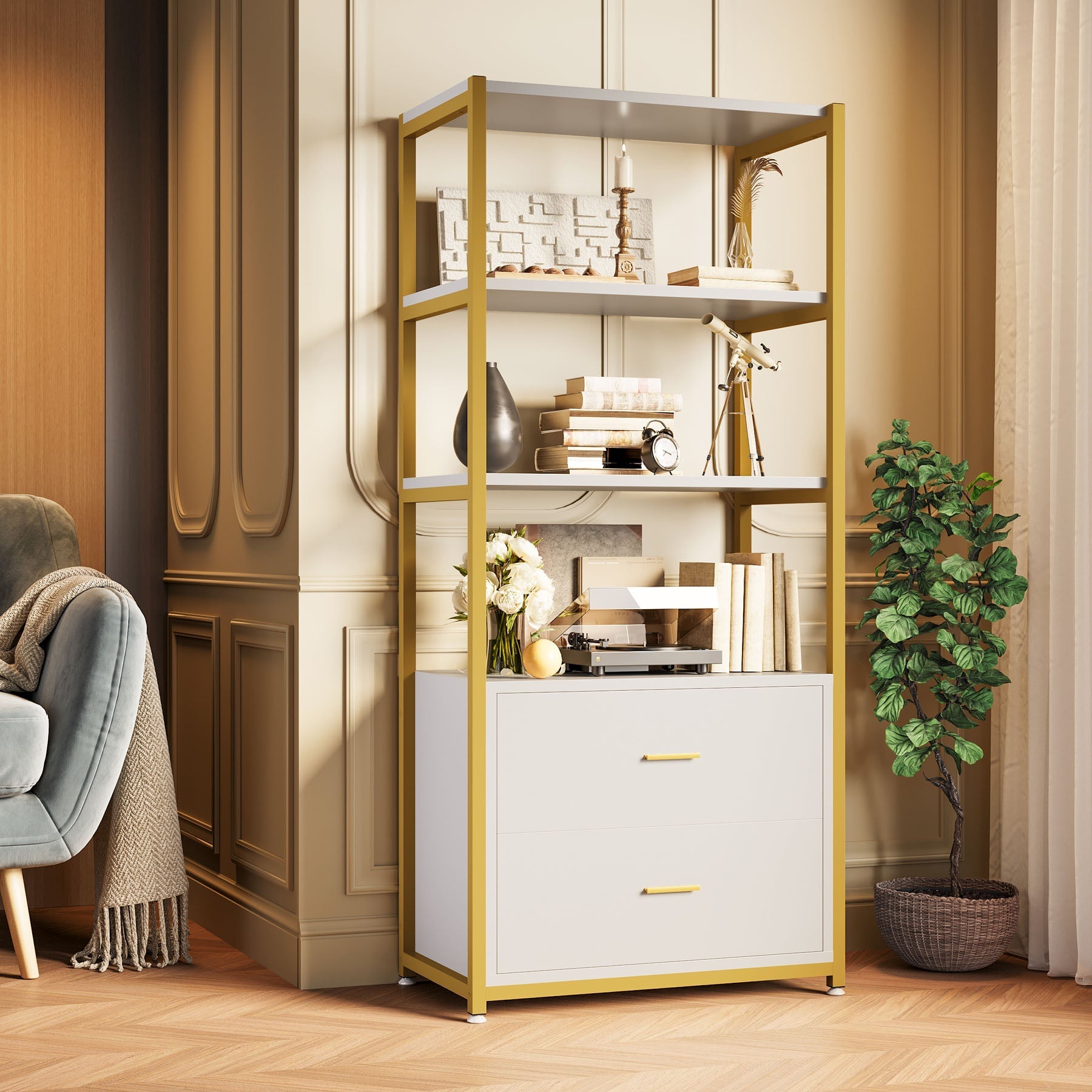 4-Tier Bookshelf Etagere Display Bookcase with 2 Drawers (cm)