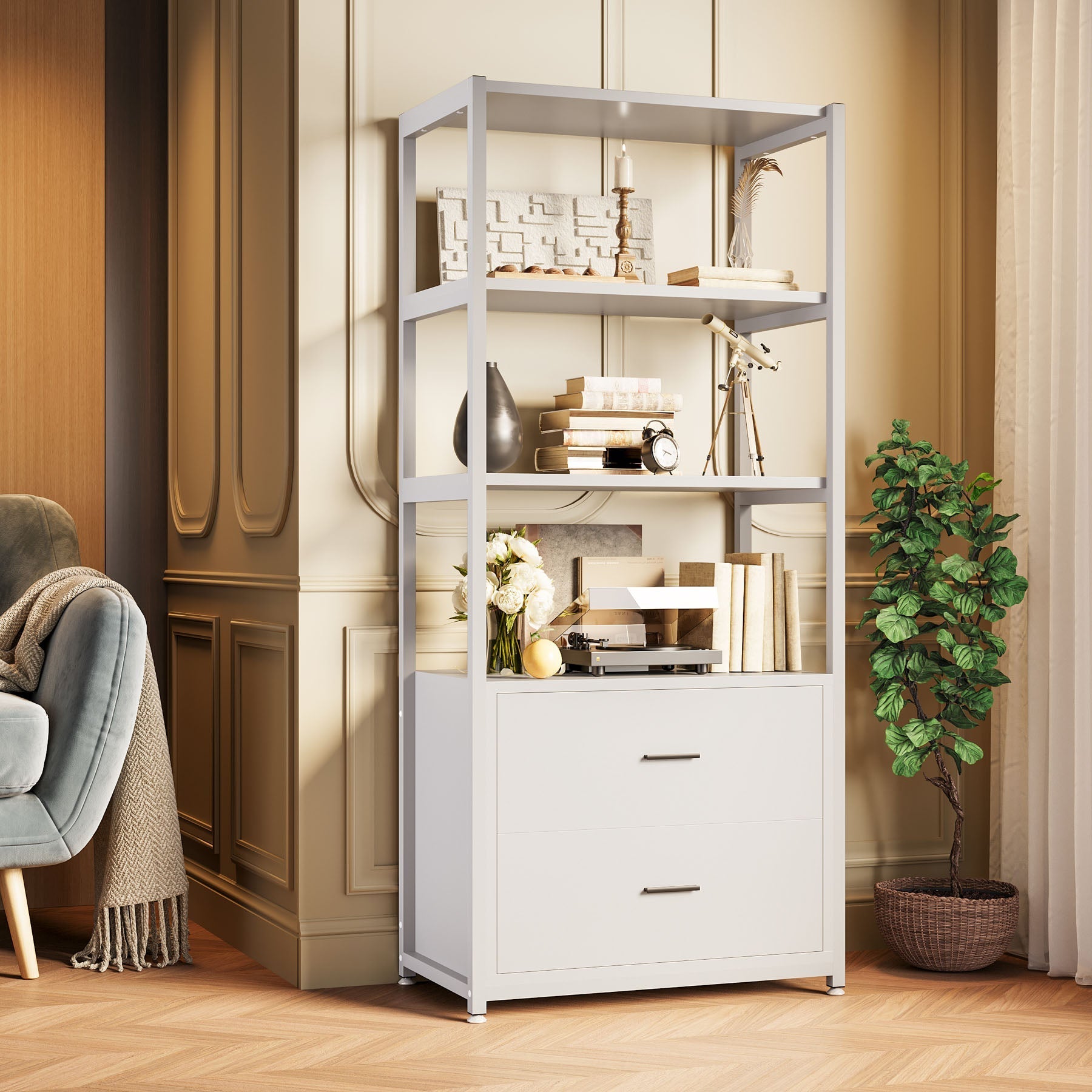 4-Tier Bookshelf Etagere Display Bookcase with 2 Drawers (cm)