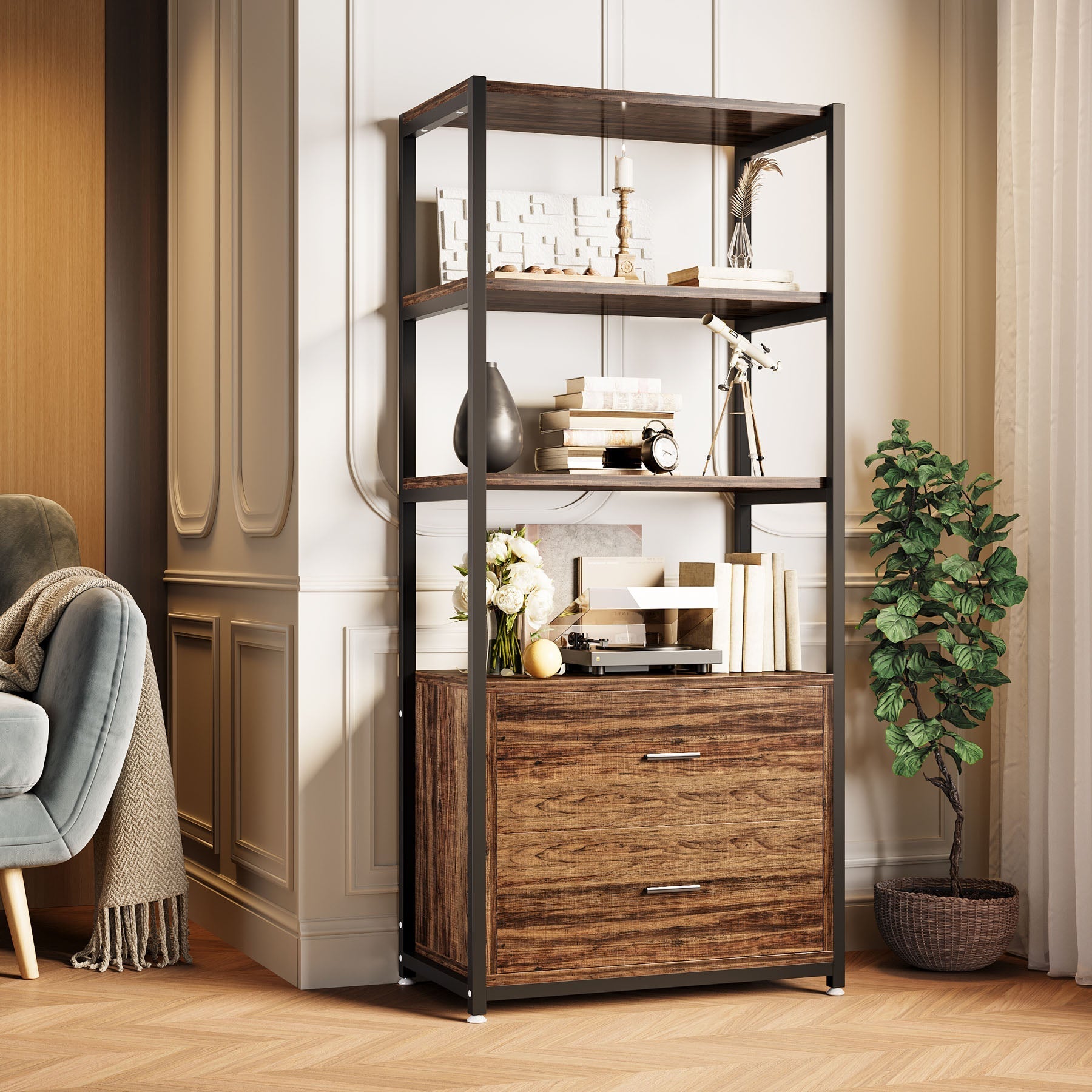 4-Tier Bookshelf Etagere Display Bookcase with 2 Drawers (cm)