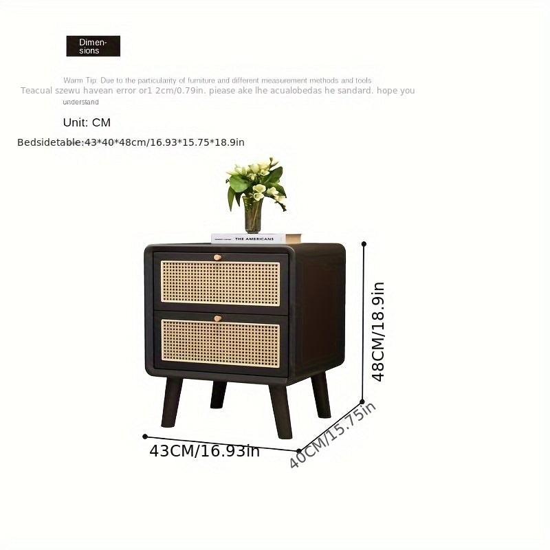 Luxury-Style Nightstand - Wooden Table With 2 Drawers, Solid Wood Legs, Handwoven Rattan Accents, Easy Assembly