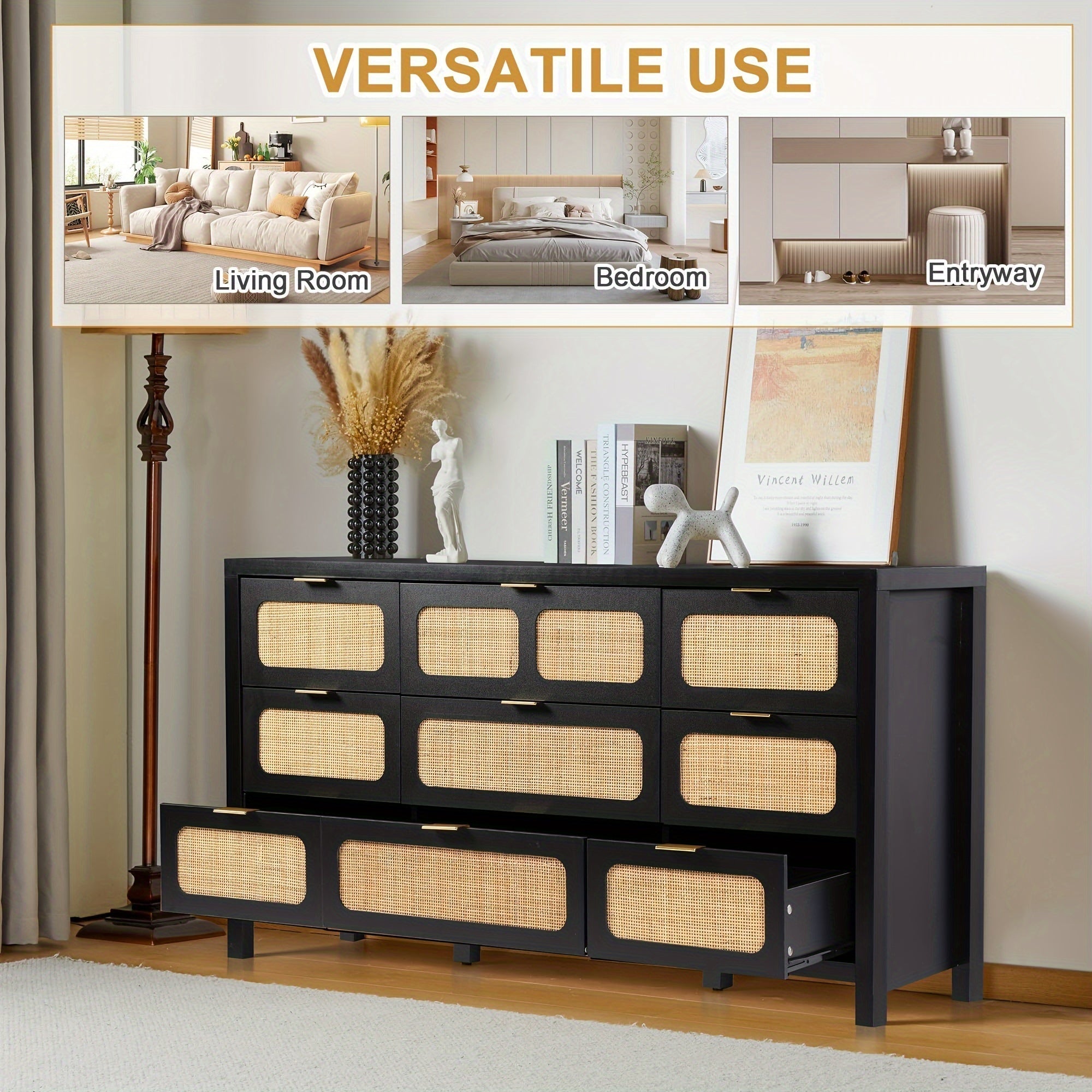 9 Drawer Dresser, Modern Rattan Dresser Chest With Large Storage And Metal Handles, Rustic Wood Storage Chest Of Drawers For Bedroom, Living Room, Entryway
