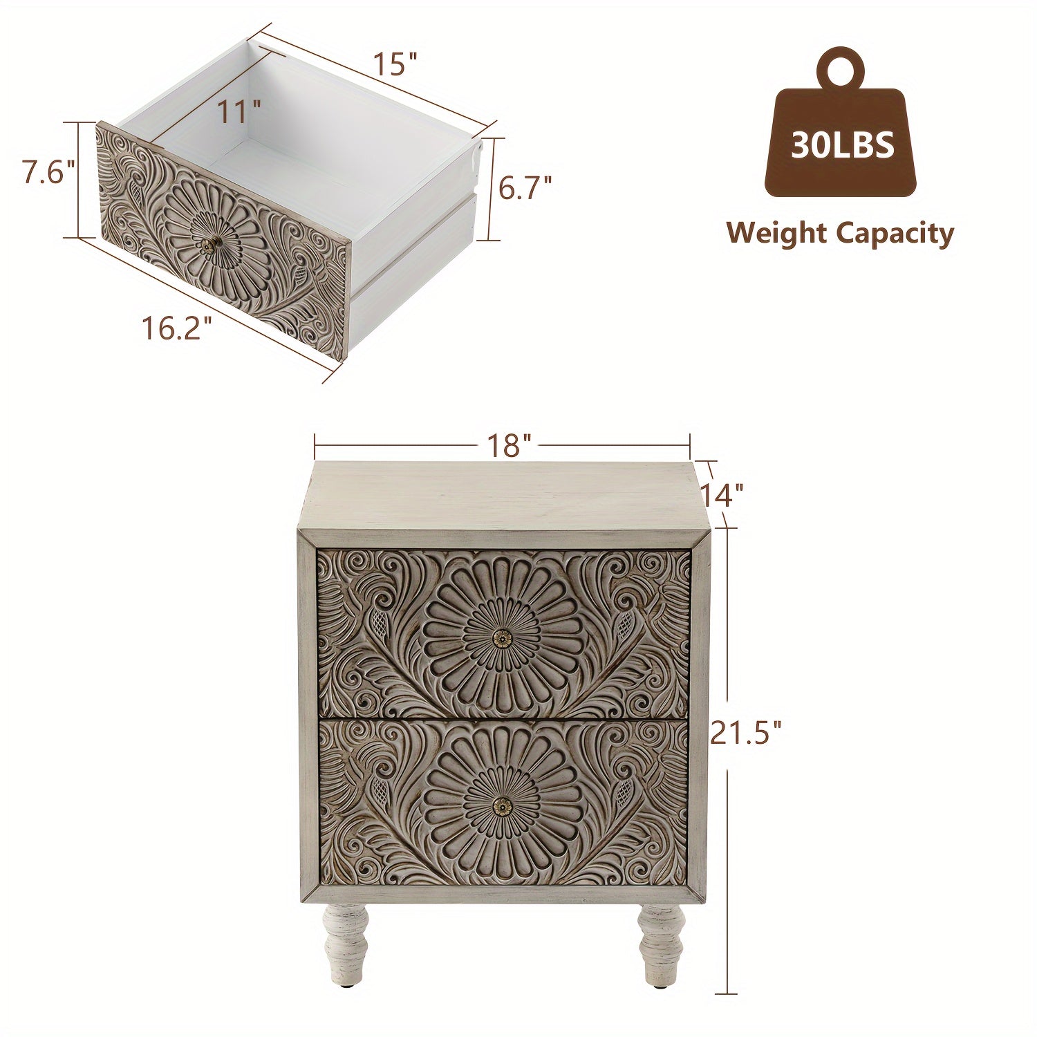 1pc Vintage Style Nightstand with 2 Drawers - Lightweight MDF Accent Table, Pine Wood Back, Floor Mount, Independent End Table Bedside Furniture, Under 3.2 Cubic Feet Storage, Less Than 27 Inches High - Ideal for Living Room