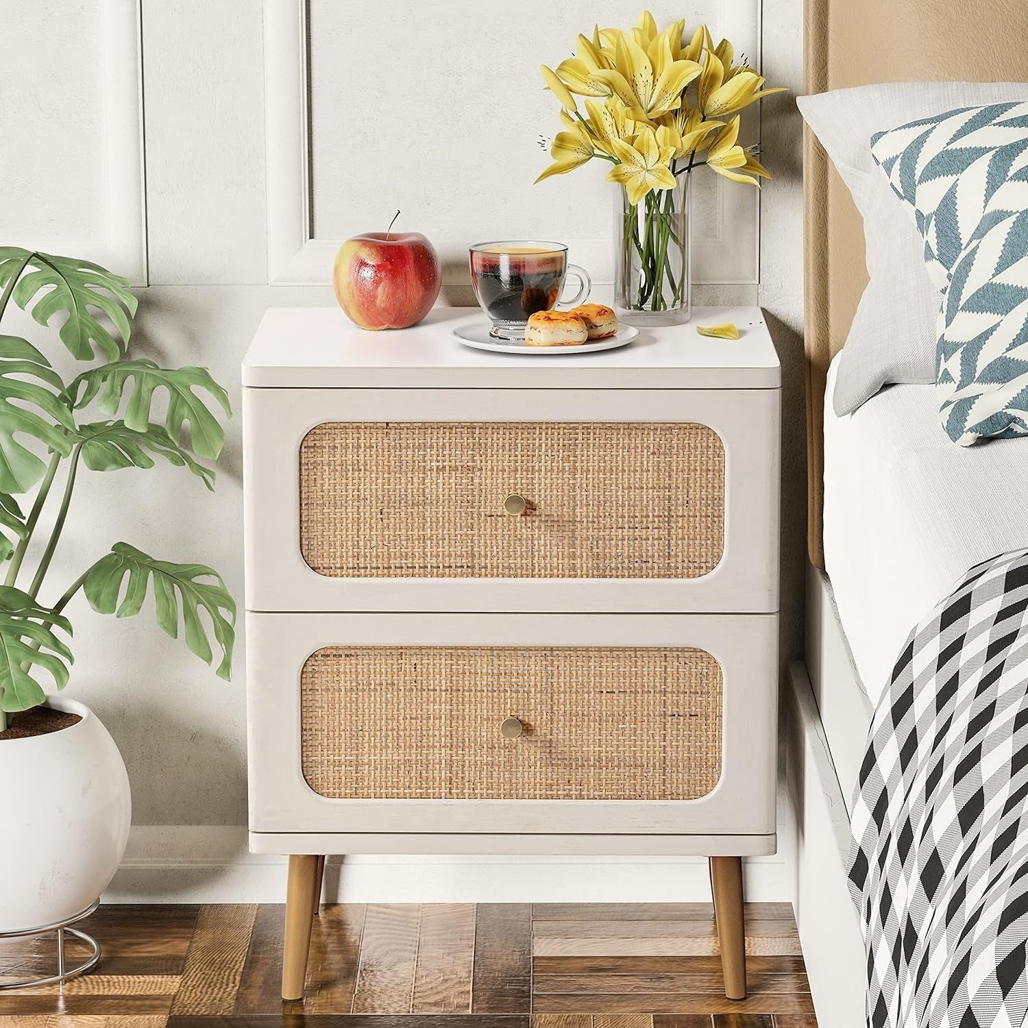 Rattan Nightstand, Modern Bedside Table, Lockers, 2-Drawer, Table Finish Side Table for Small Spaces, Boho Mid-Century Coastal Storage Cabinet