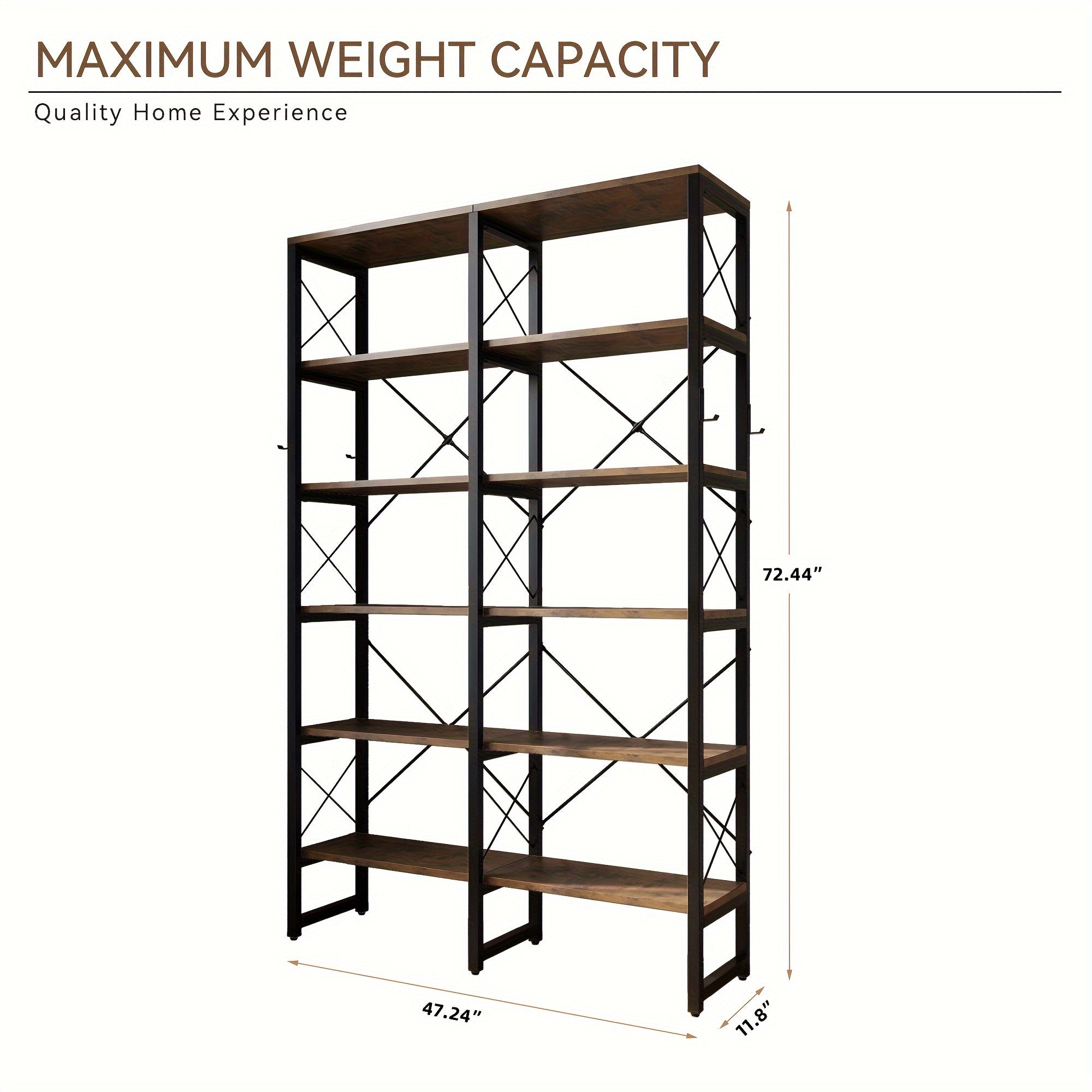 6-Tier Bookshelf with 2 Storage Drawers, Industrial Display Standing Shelf, Rustic Wood Storage Shelf with Metal Frame, Open Bookcases for Living Room, Bedroom, Home Office (Brown)