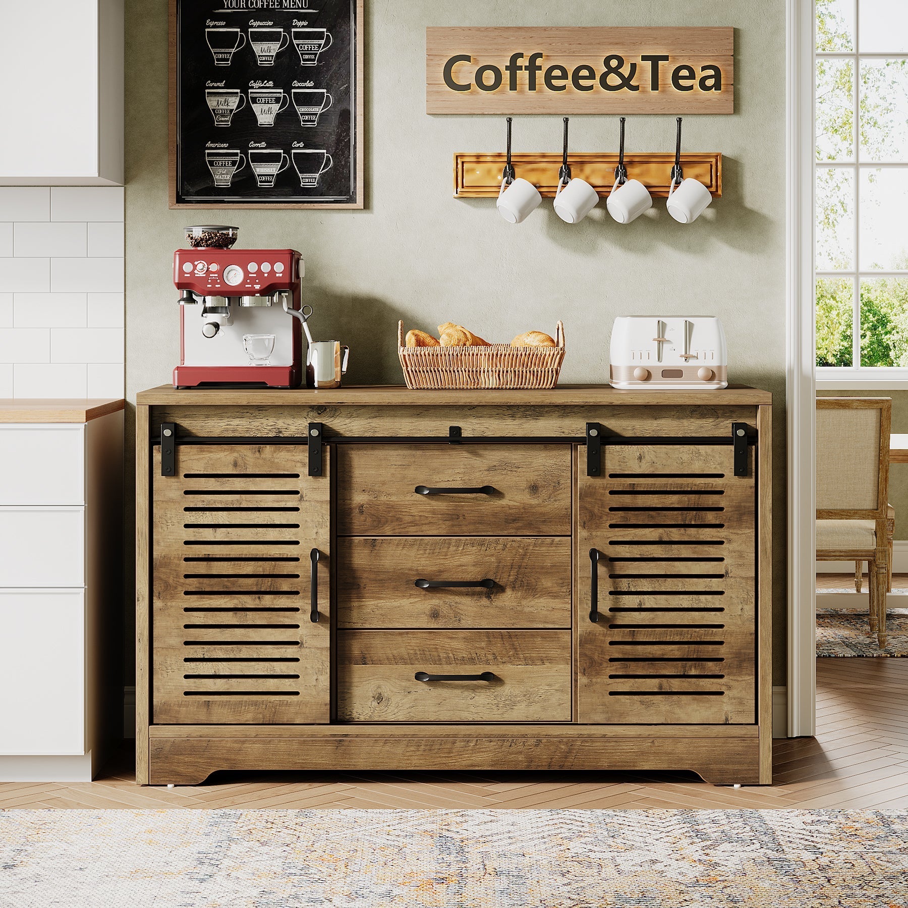 119 cm Sideboard Buffet, Farmhouse Buffet Cabinet with Sliding Doors & Adjustable Shelves