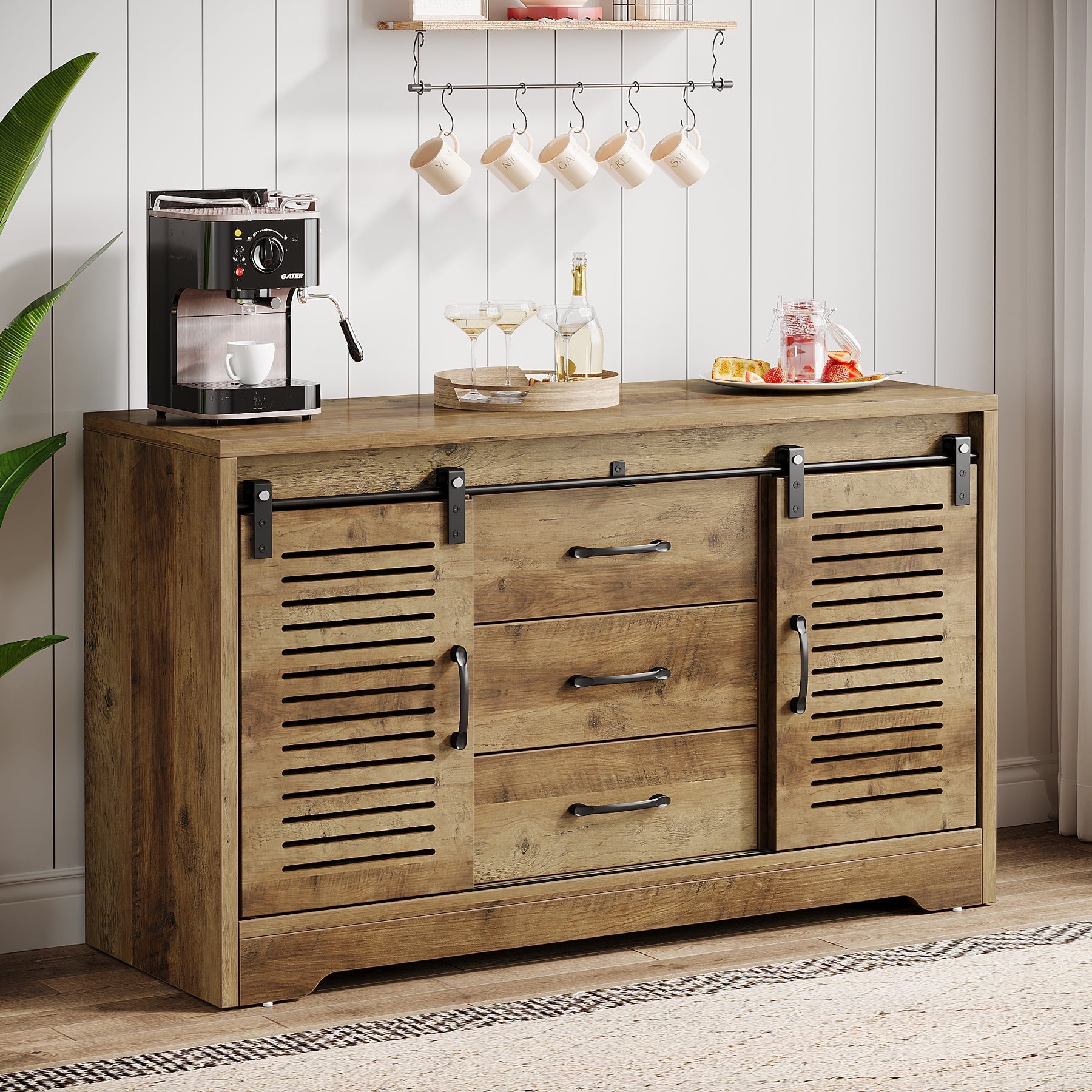 119 cm Sideboard Buffet, Farmhouse Buffet Cabinet with Sliding Doors & Adjustable Shelves