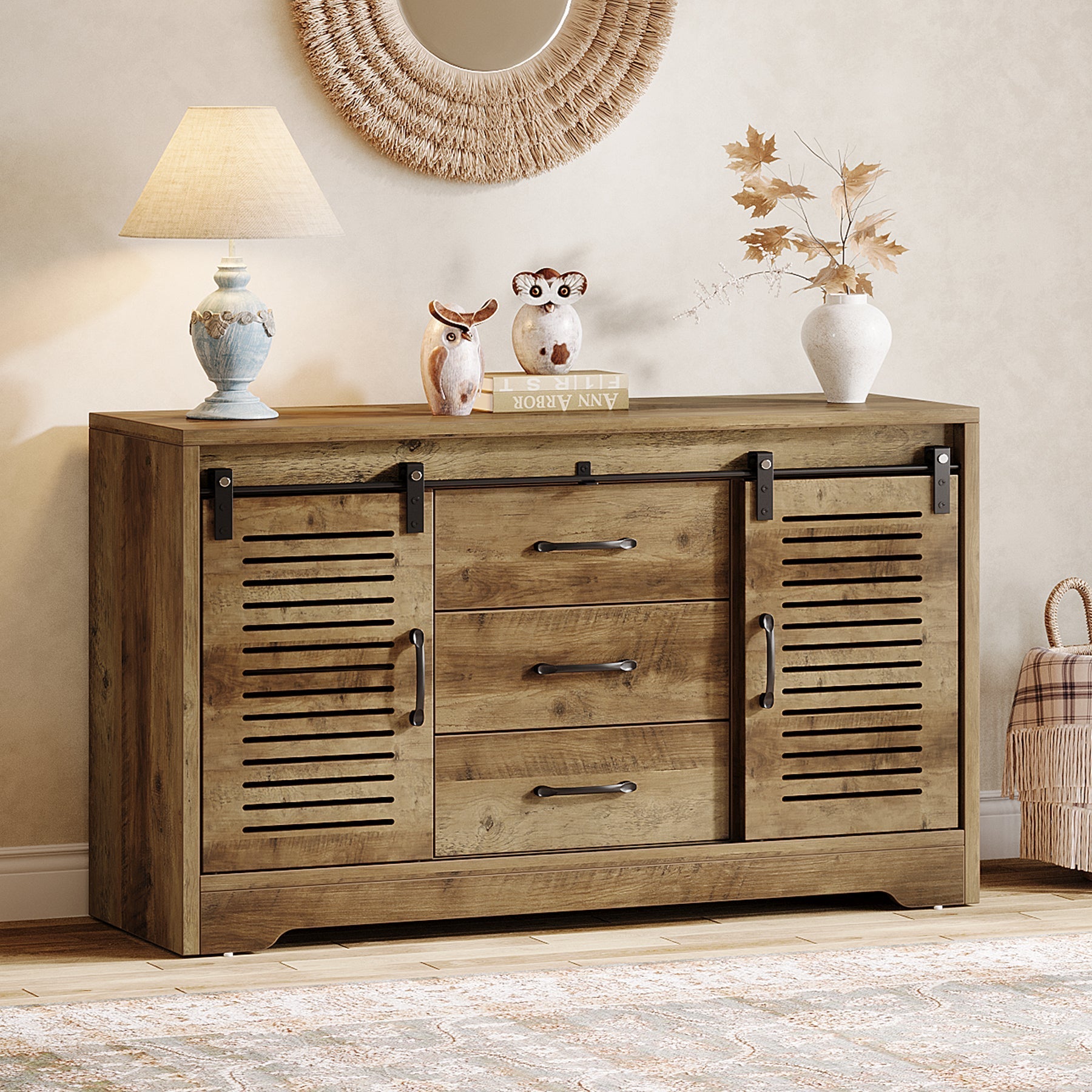 119 cm Sideboard Buffet, Farmhouse Buffet Cabinet with Sliding Doors & Adjustable Shelves
