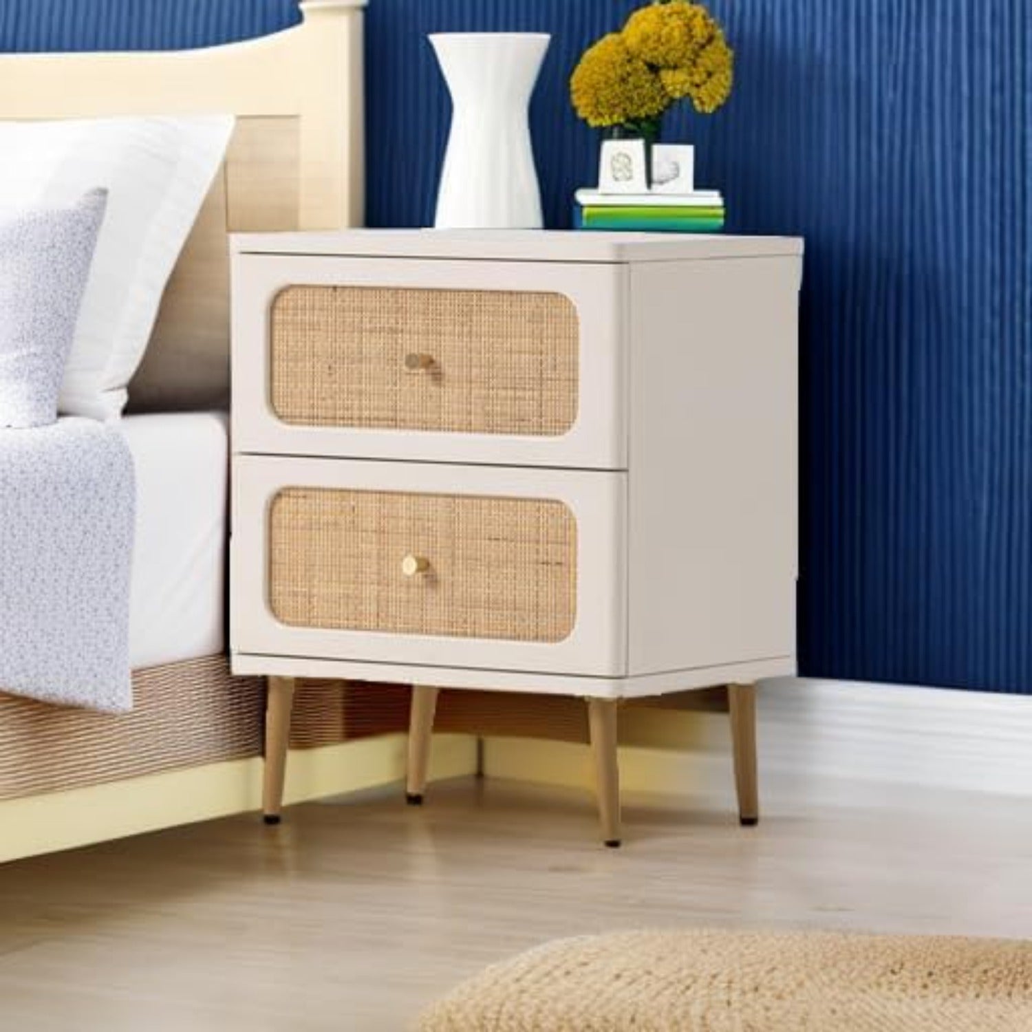 Rattan Nightstand, Modern Bedside Table, Lockers, 2-Drawer, Table Finish Side Table for Small Spaces, Boho Mid-Century Coastal Storage Cabinet
