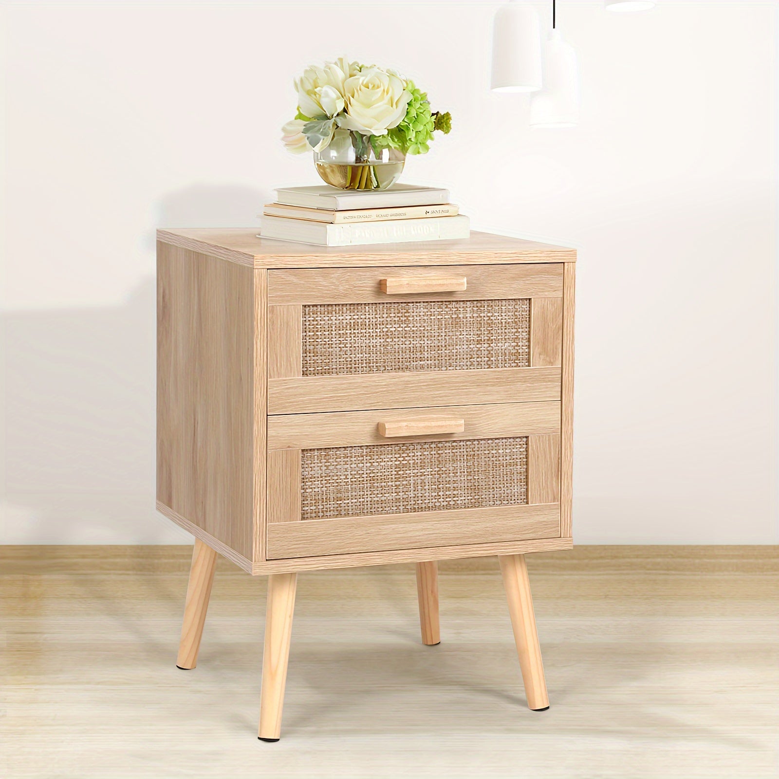 2pcs Rattan Nightstand Set, Wooden End Table With 2 Drawers, Solid Wood Legs, Bedroom Side Table With Handmade Rattan Accents, Smooth Slide, Easy Assembly For Home Decor