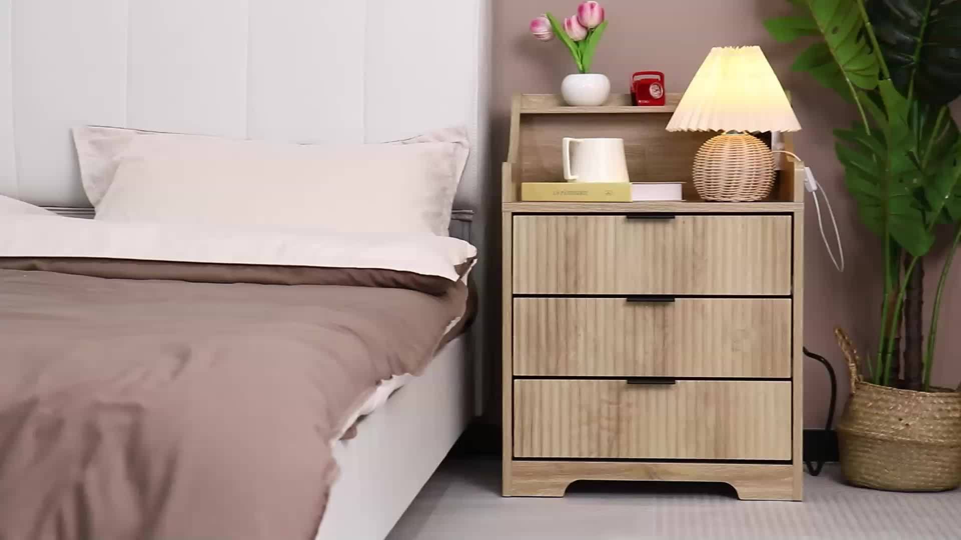 Modern Fluted Nightstand With 3 Drawer, Mid-Century Side Table Night Stand Bedside End Table Nightstand For Bedroom, Living