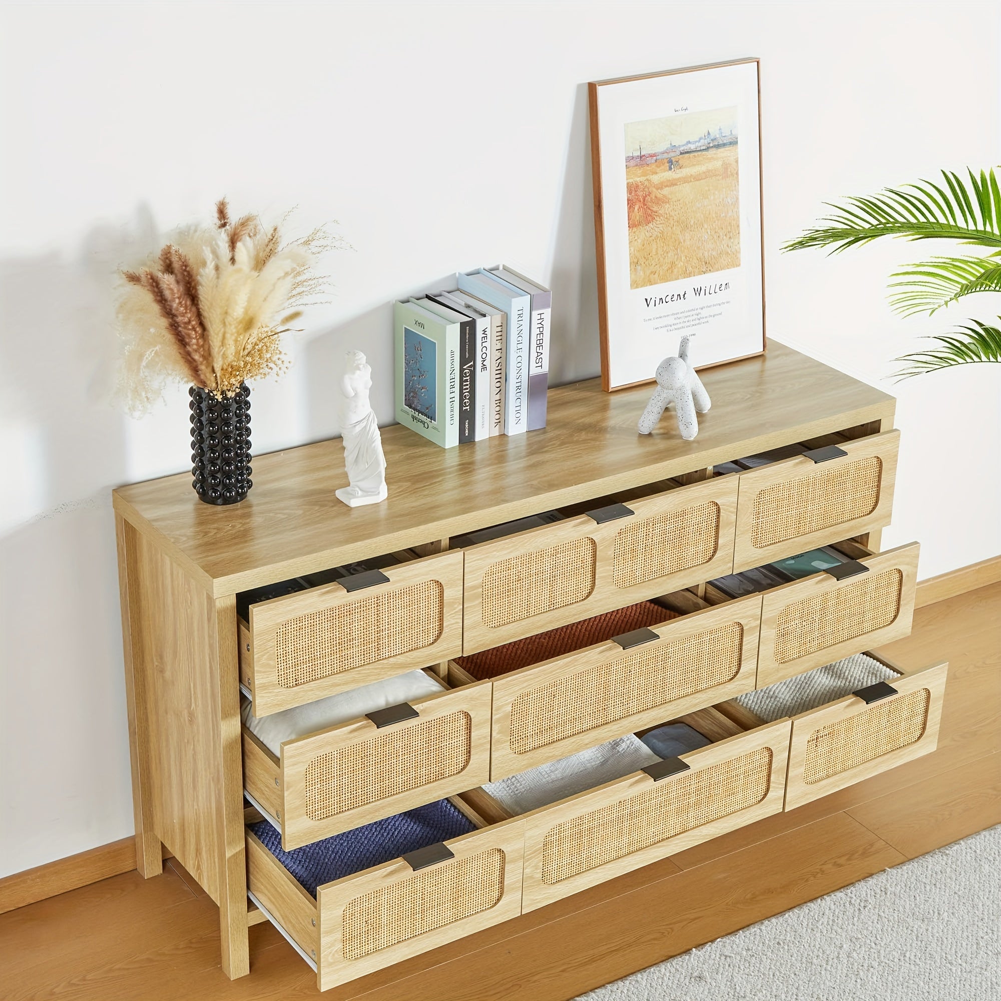 9 Drawer Dresser, Modern Rattan Dresser Chest With Large Storage And Metal Handles, Rustic Wood Storage Chest Of Drawers For Bedroom, Living Room, Entryway