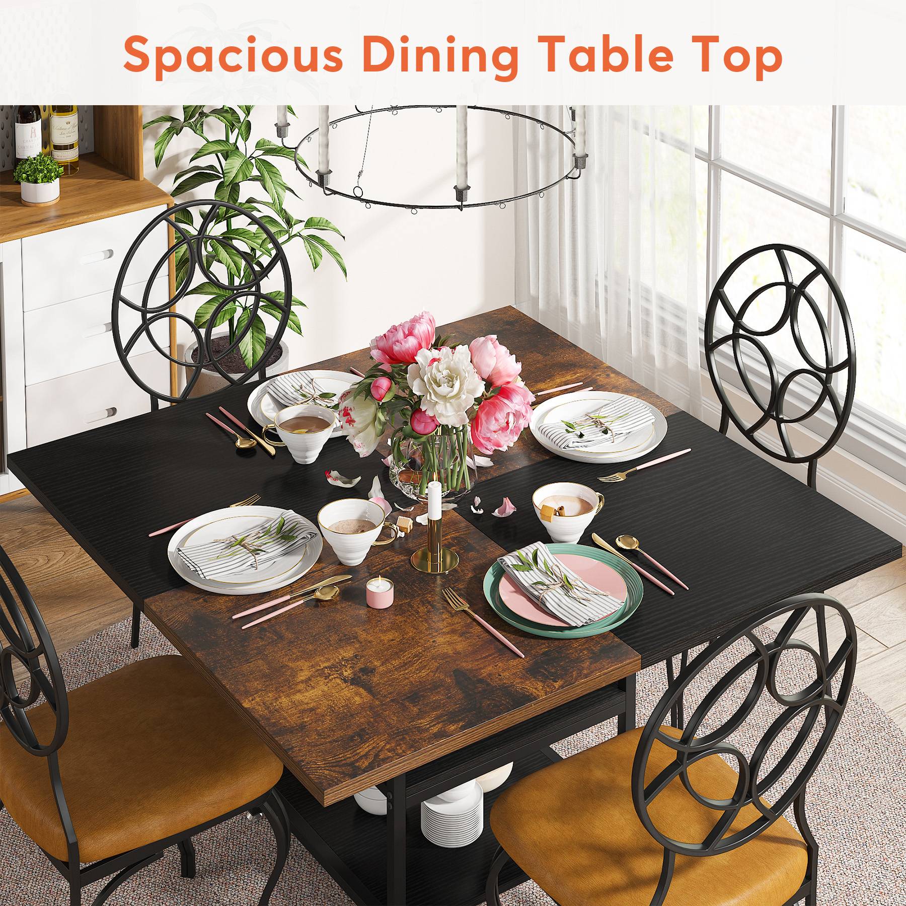 Square Dining Table, 120 cm Dinner Table with Storage Shelf for 4