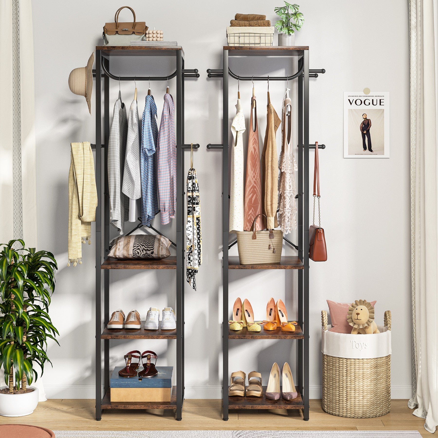 Freestanding Coat Rack, Industrial Corner Hall Tree with 10.16 cm Shelves and 8 Hooks