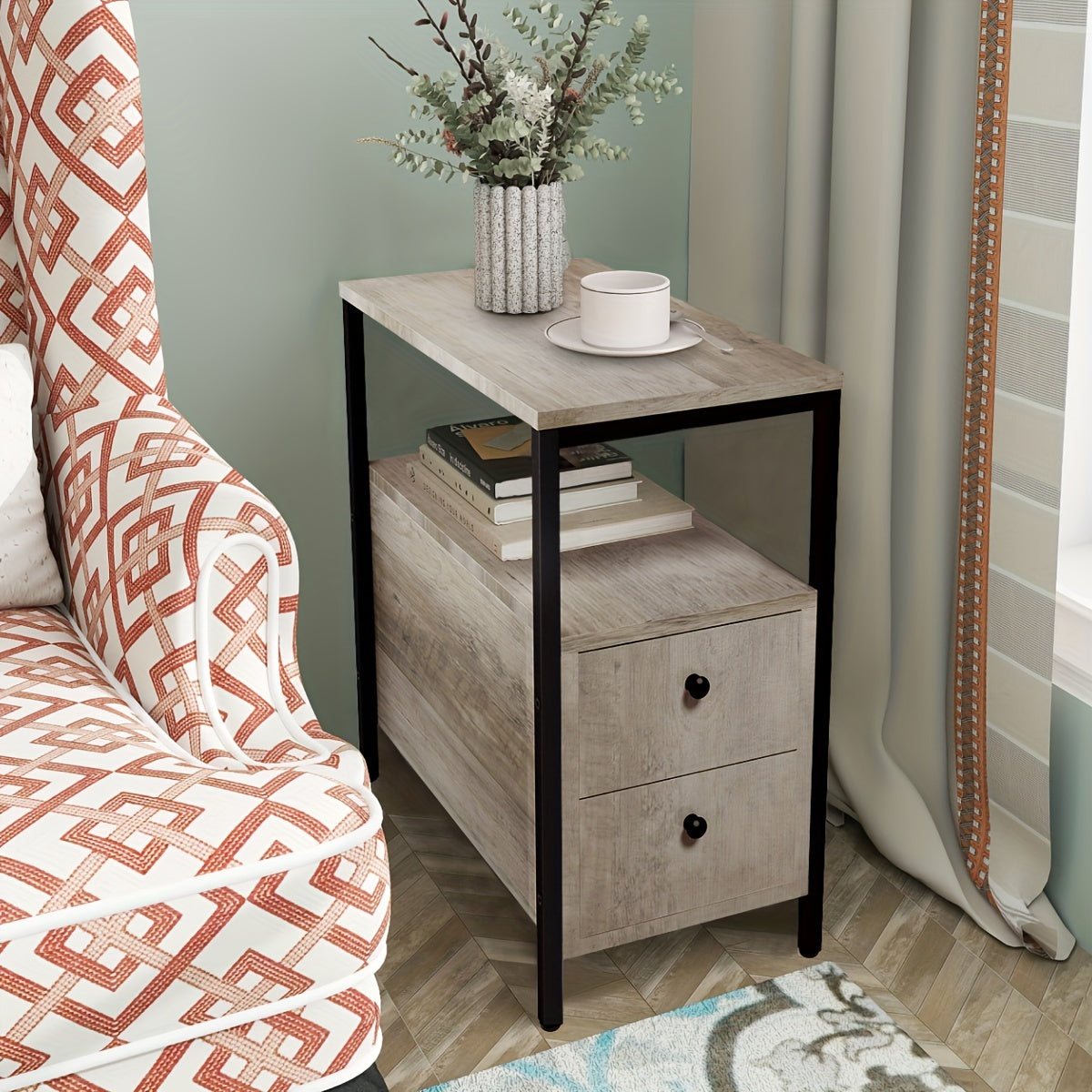 Side Table, 1pc, Narrow Nightstand With 2 Drawers, Living Room End Table With Storage, Slim Bedside Table For Small Spaces