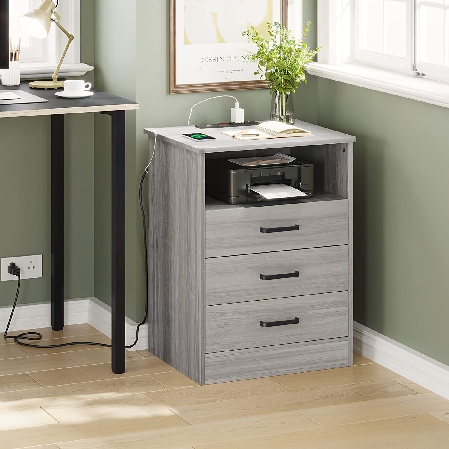Nightstand with 3 Drawers and USB Port Charging Station, Bedroom End Table Side Table with Open Storage, Grey/White/ Black