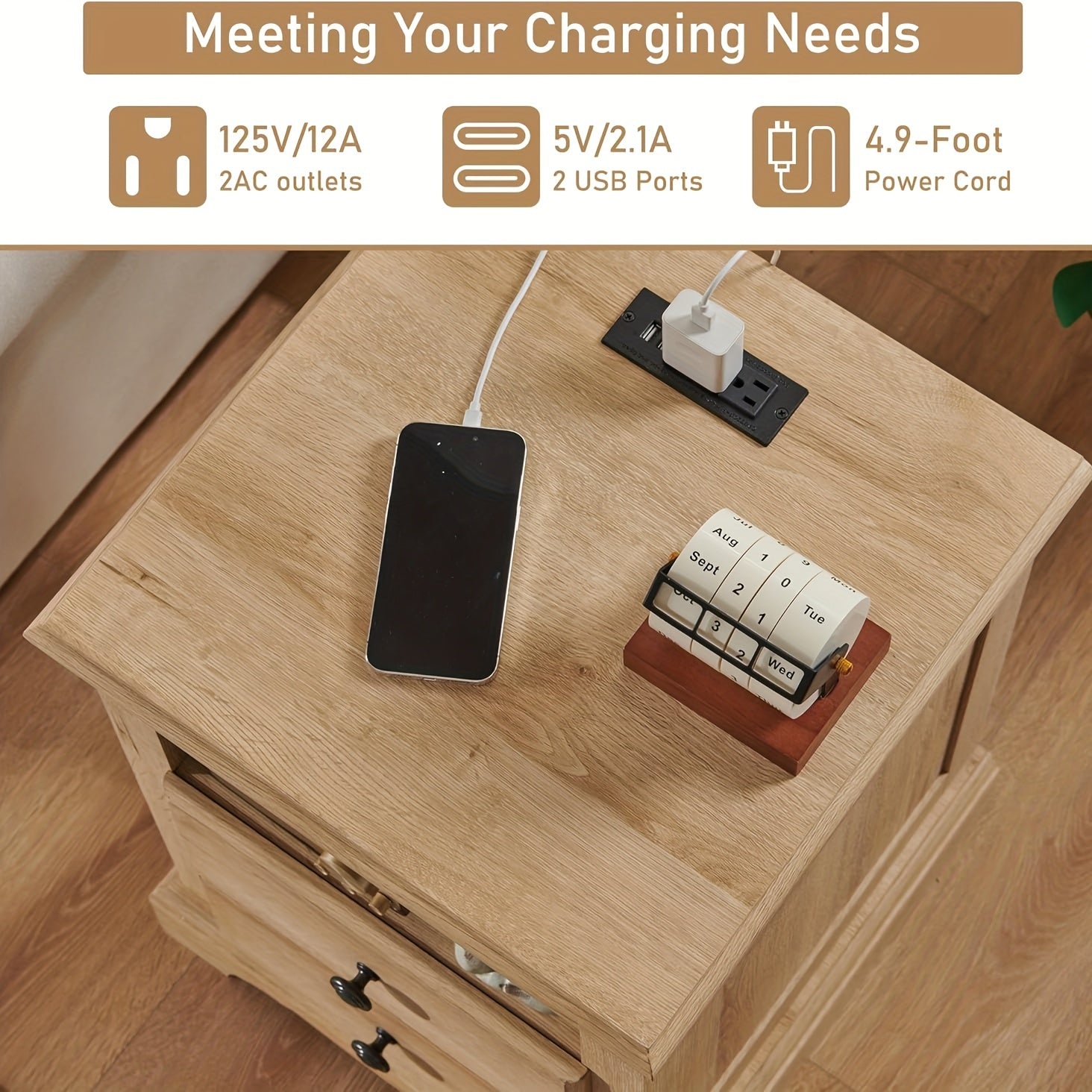Nightstand With Charging Station, 45cm Vintage End Table With 2 Drawers, Wood Rustic Sofa Side Table With Open Storage Shelf For Bedroom, Living Room