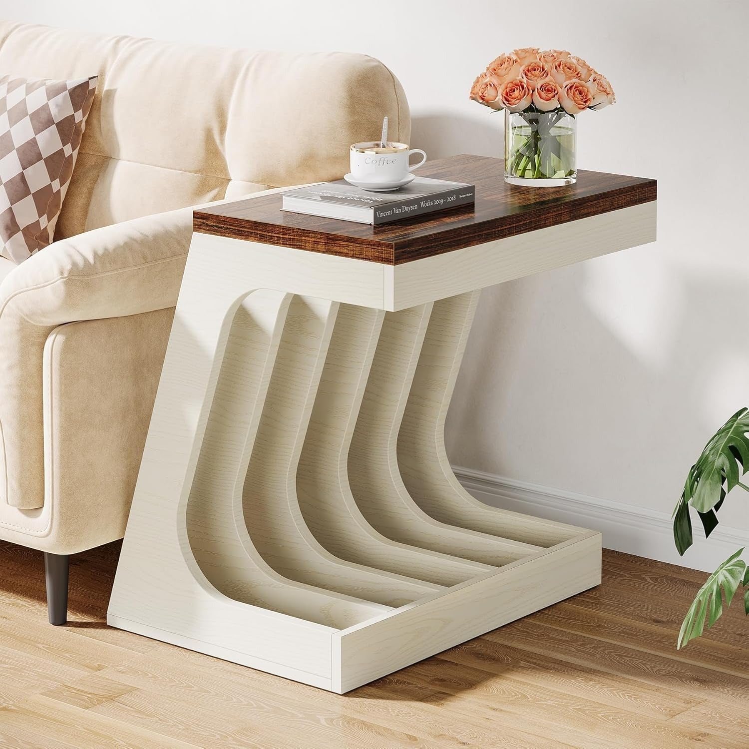 1pc Modern Wooden End Table with 5 Storage Compartments, Easy Assembly, Rustic Brown & White Wood Grain, Large Side Table for Living Room or Bedroom - 23.62"W x 13.77"D