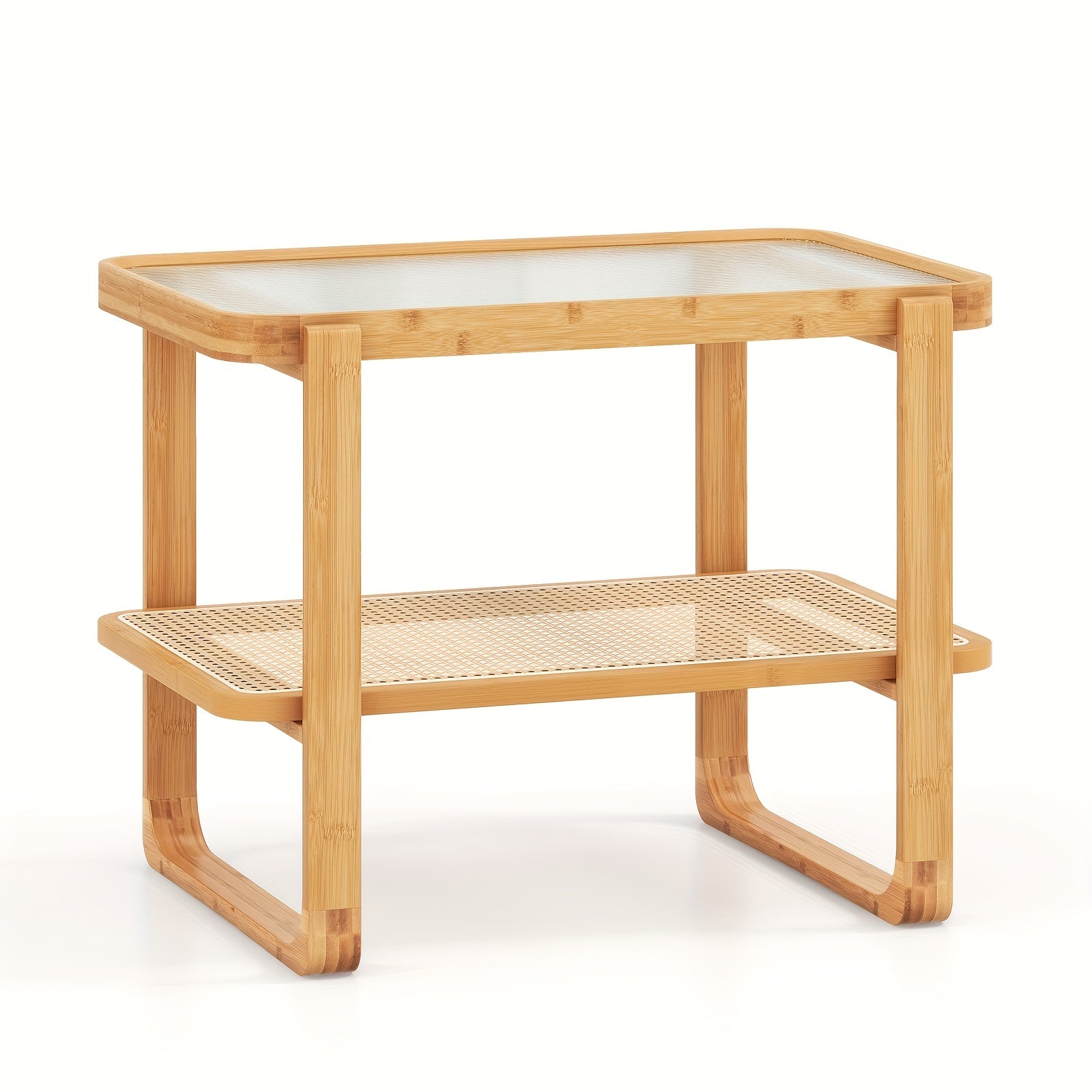 1pc Bamboo And Rattan Side Table With Glass Top, Modern Small Sofa End Table/Nightstand, 28x17.5x21.5 Inches, With Lower Shelf Storage, Home Furniture, Home Essential