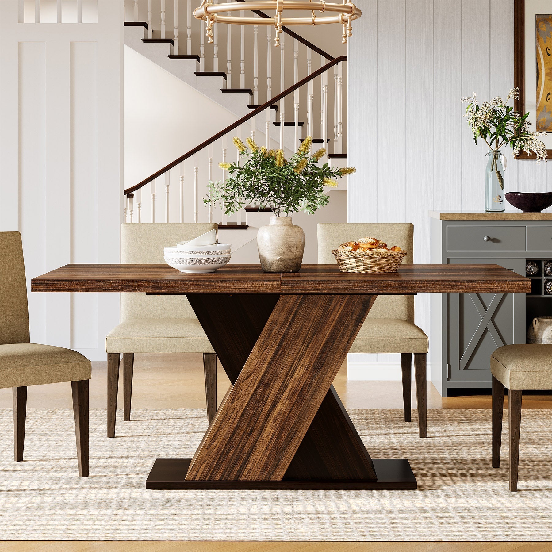 140 cm Dining Table, Wood Kitchen Dinner Table for 4-6