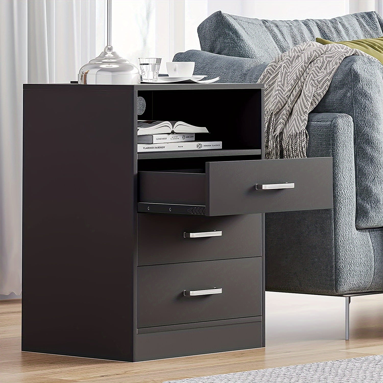 Nightstand with 3 Drawers and USB Port Charging Station, Bedroom End Table Side Table with Open Storage, Grey/White/ Black