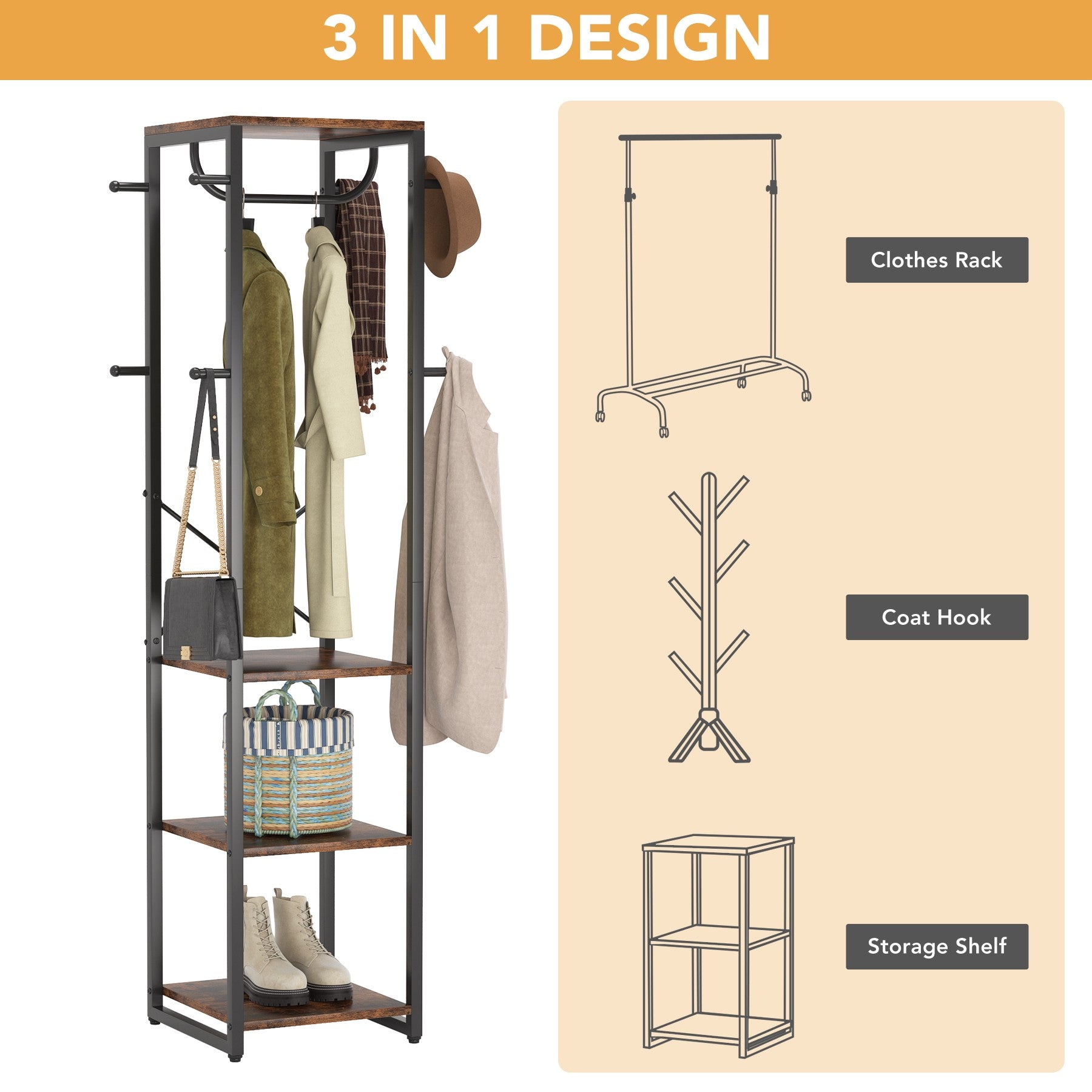 Freestanding Coat Rack, Industrial Corner Hall Tree with 10.16 cm Shelves and 8 Hooks