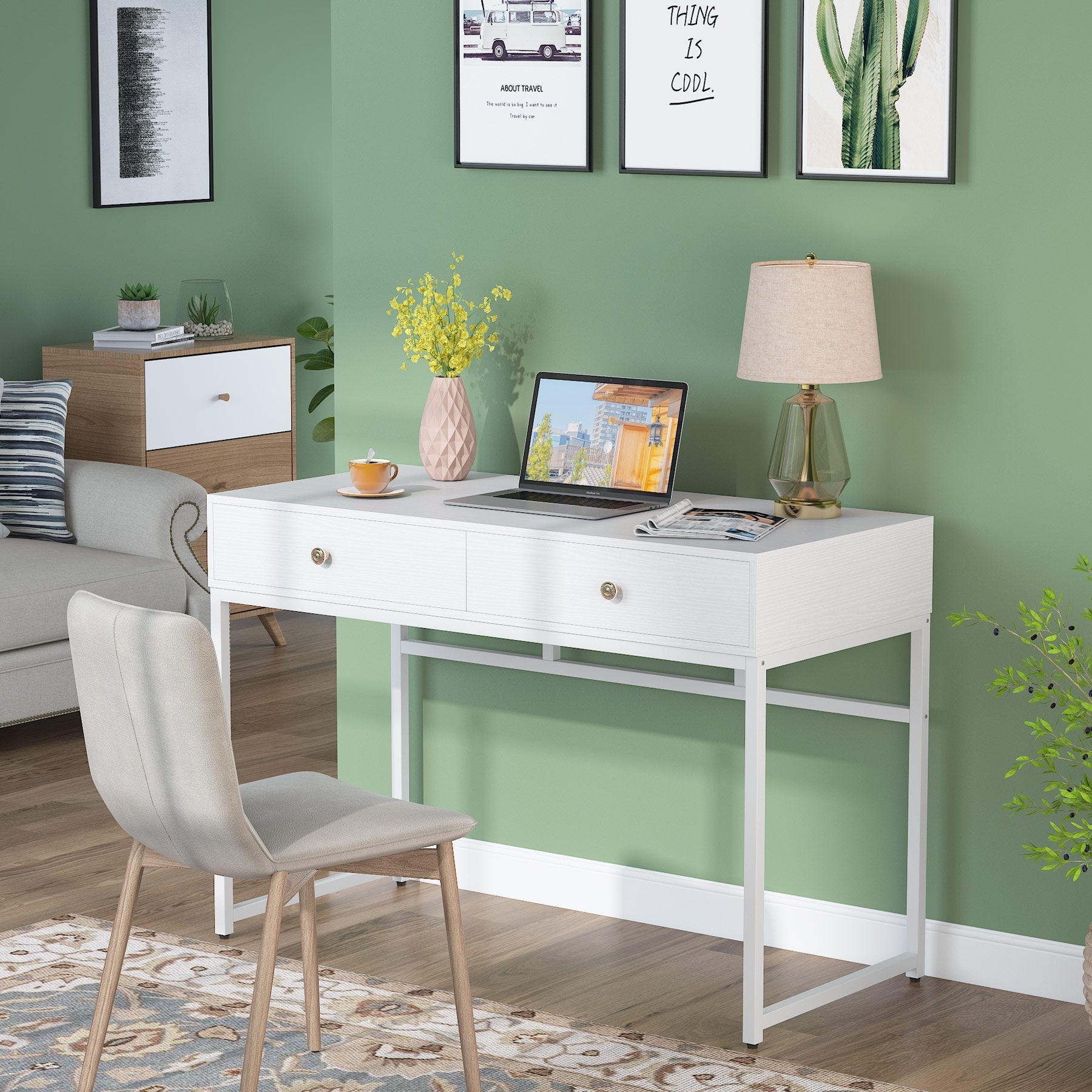 Modern Computer Desk with 2 Drawers, 120 cm Simple Study Writing Desk