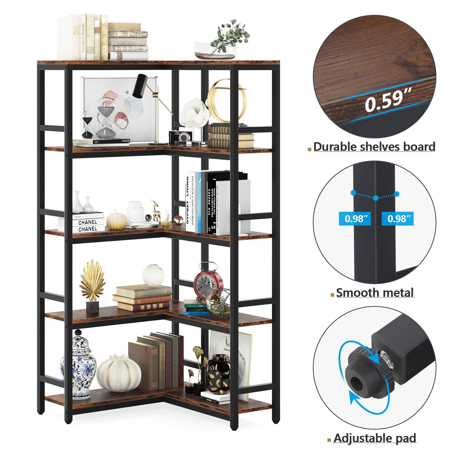 Industrial Corner Bookshelf, 5-Tier/7-Tier Bookcase Etagere Display Rack (in cm)