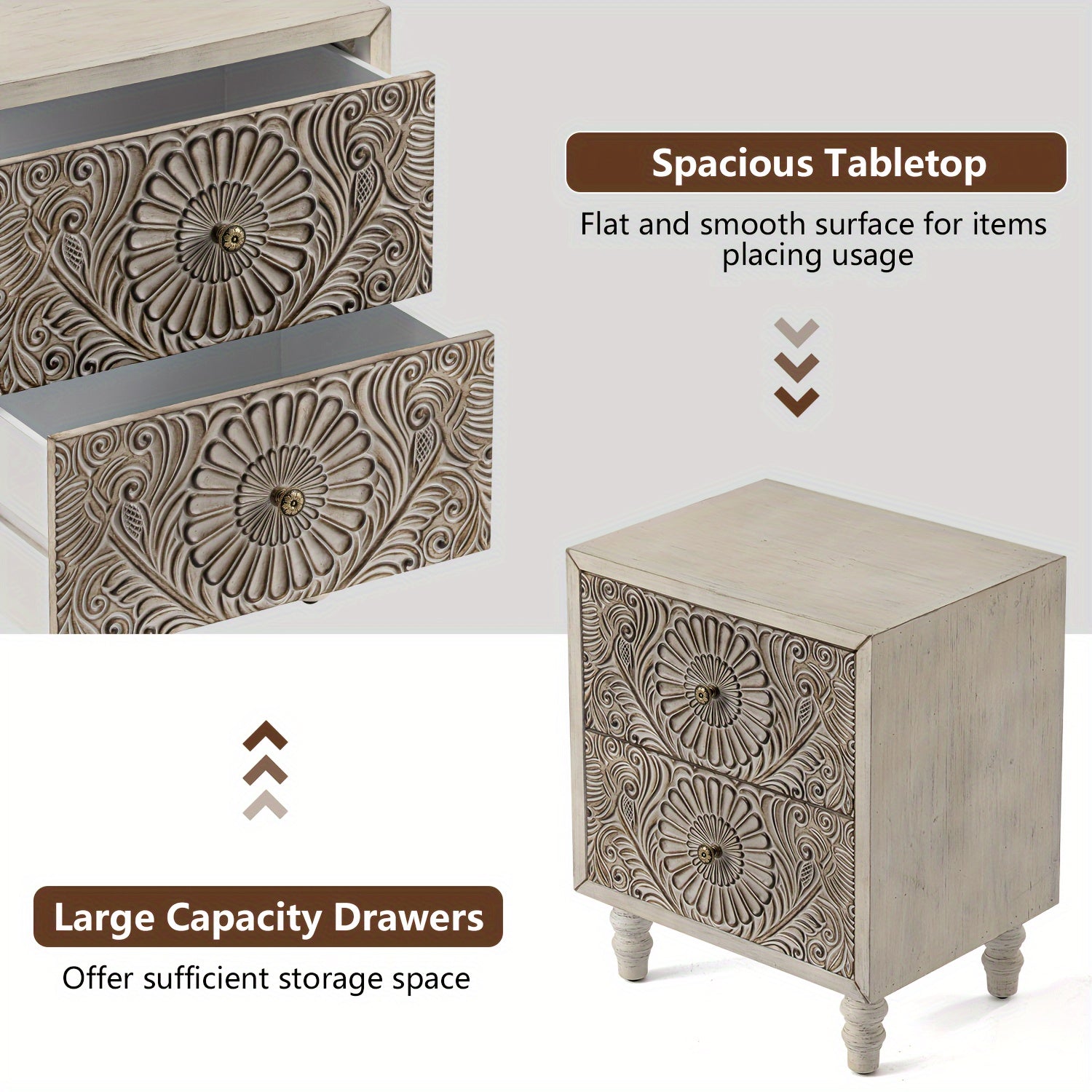 1pc Vintage Style Nightstand with 2 Drawers - Lightweight MDF Accent Table, Pine Wood Back, Floor Mount, Independent End Table Bedside Furniture, Under 3.2 Cubic Feet Storage, Less Than 27 Inches High - Ideal for Living Room