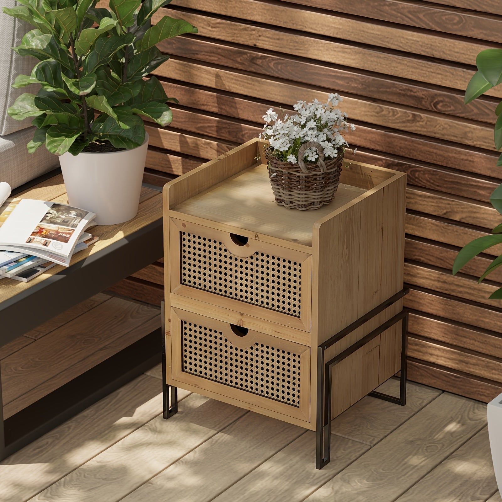 1pc Rustic Farmhouse Brown Wooden Nightstand with Rattan Woven Front - Fully Assembled 2-Drawer End Table with Metal Base and Lined Drawers
