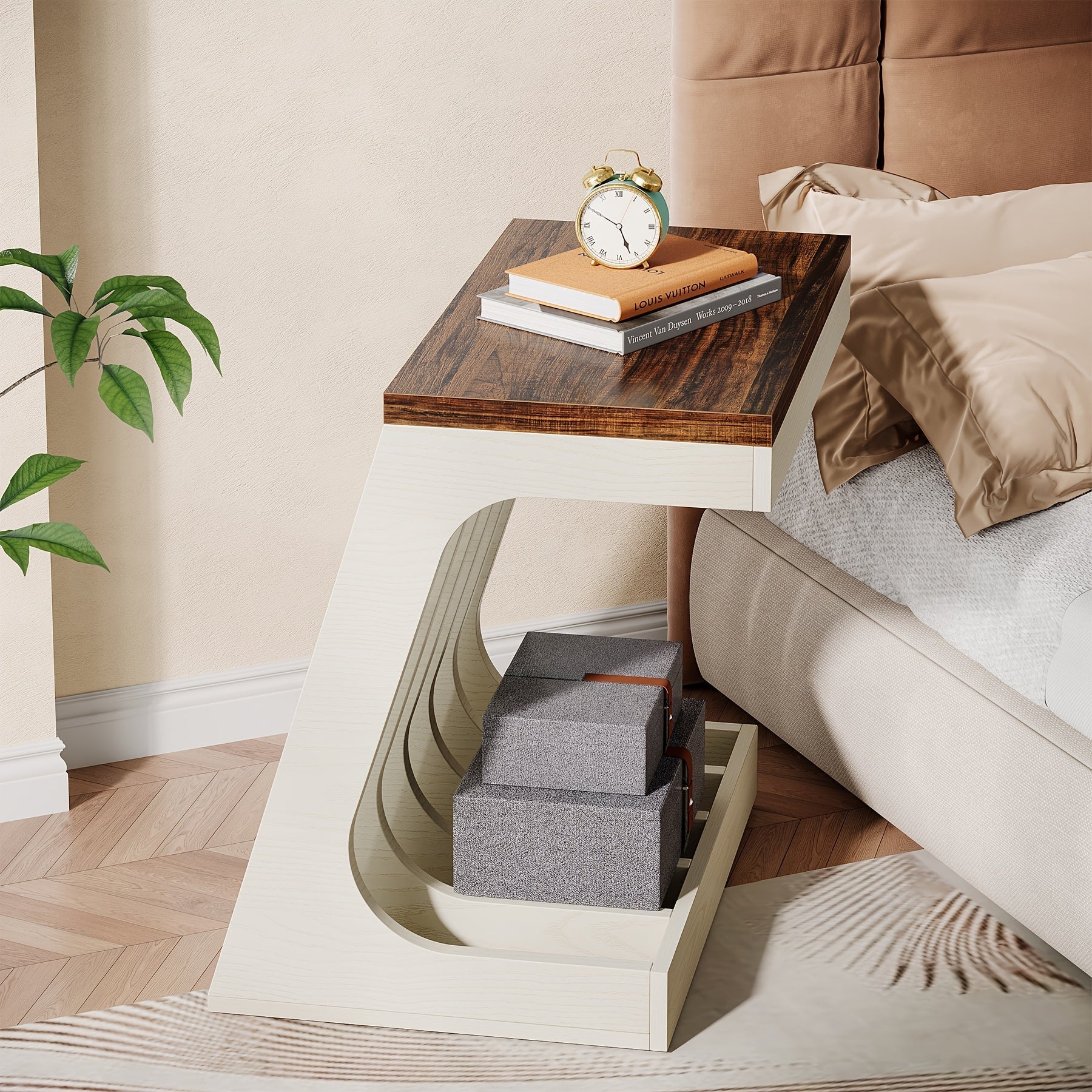 Modern End Table With 5 Storage Compartments, 23.62" W X 13.77" D Large Side Table For Living Room Or Bedroom, Easy Assembly, Rustic Brown & White Wood Grain