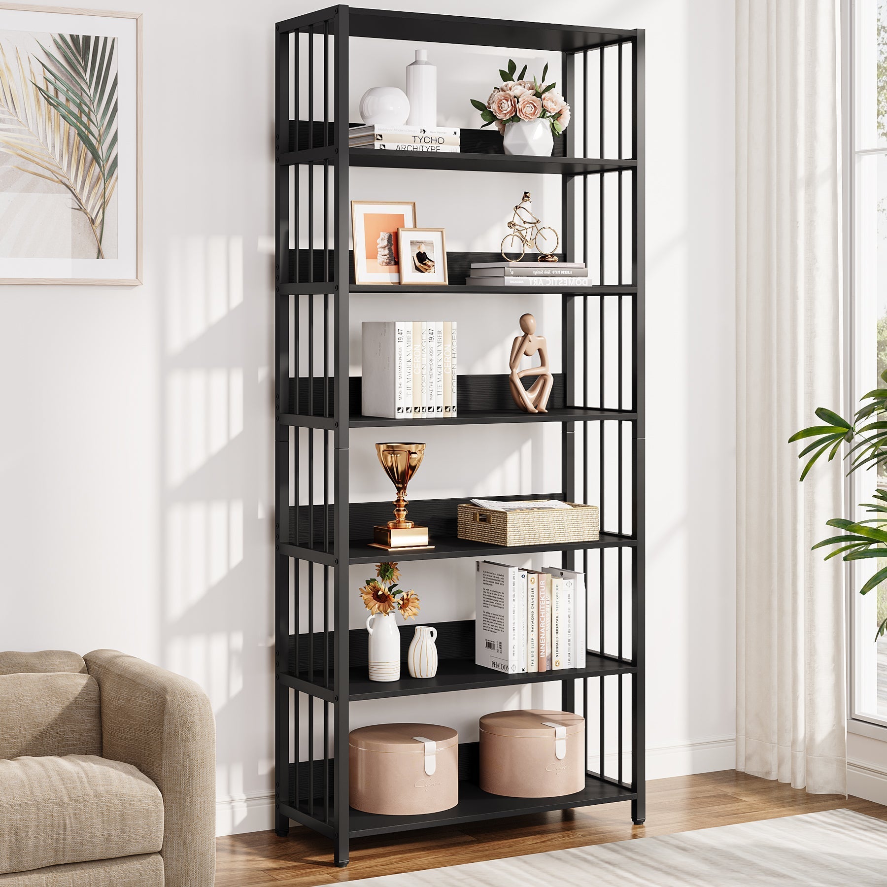 6-Tier Bookshelf, Vintage Storage Display Rack with Open Shelves (Approx. 152 cm)